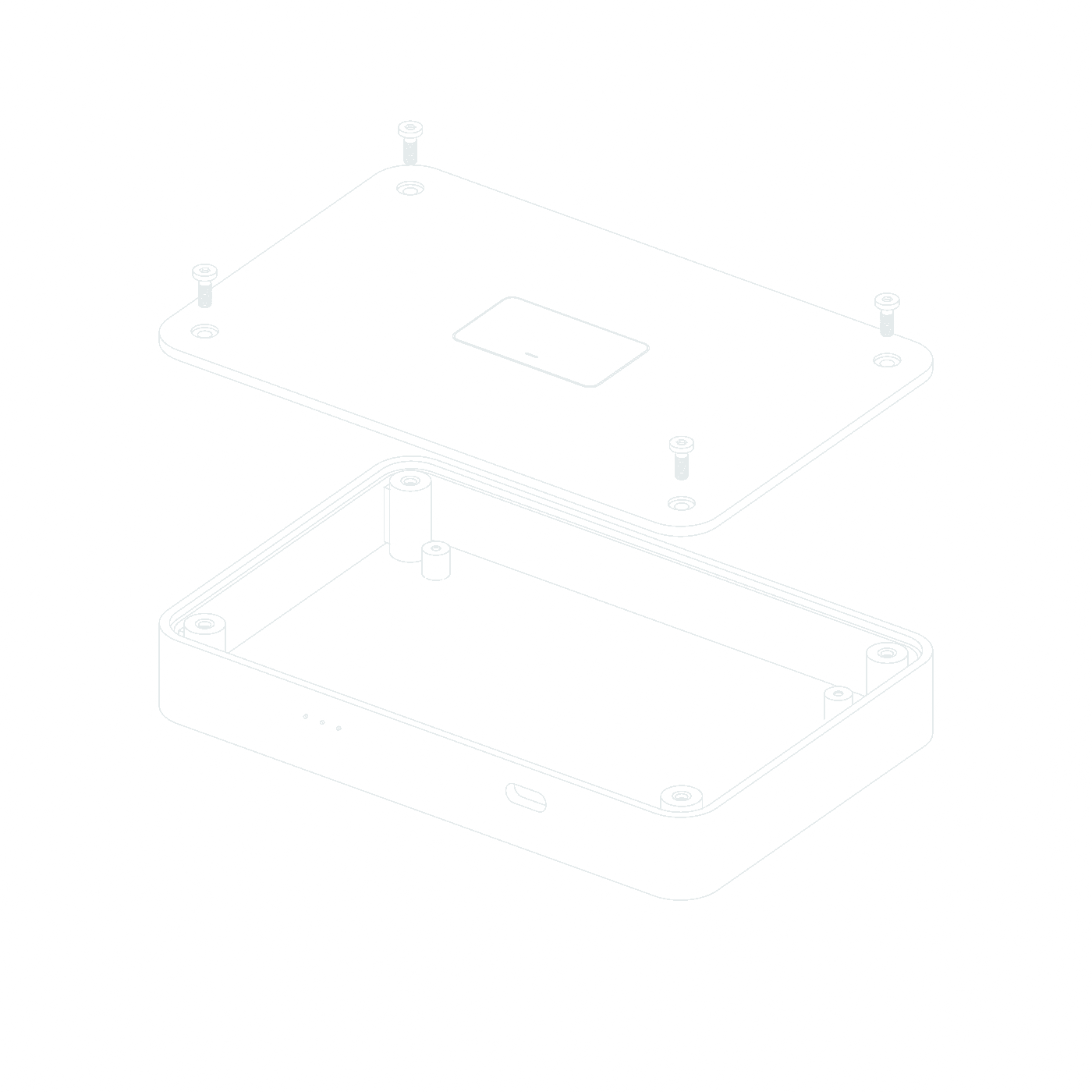 Technical line drawing of the enclosure, lid, screw holes, mounting posts and connector openings