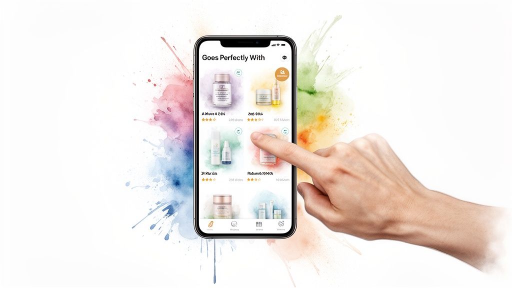 A hand taps a smartphone screen displaying beauty product recommendations on a vibrant watercolor background.