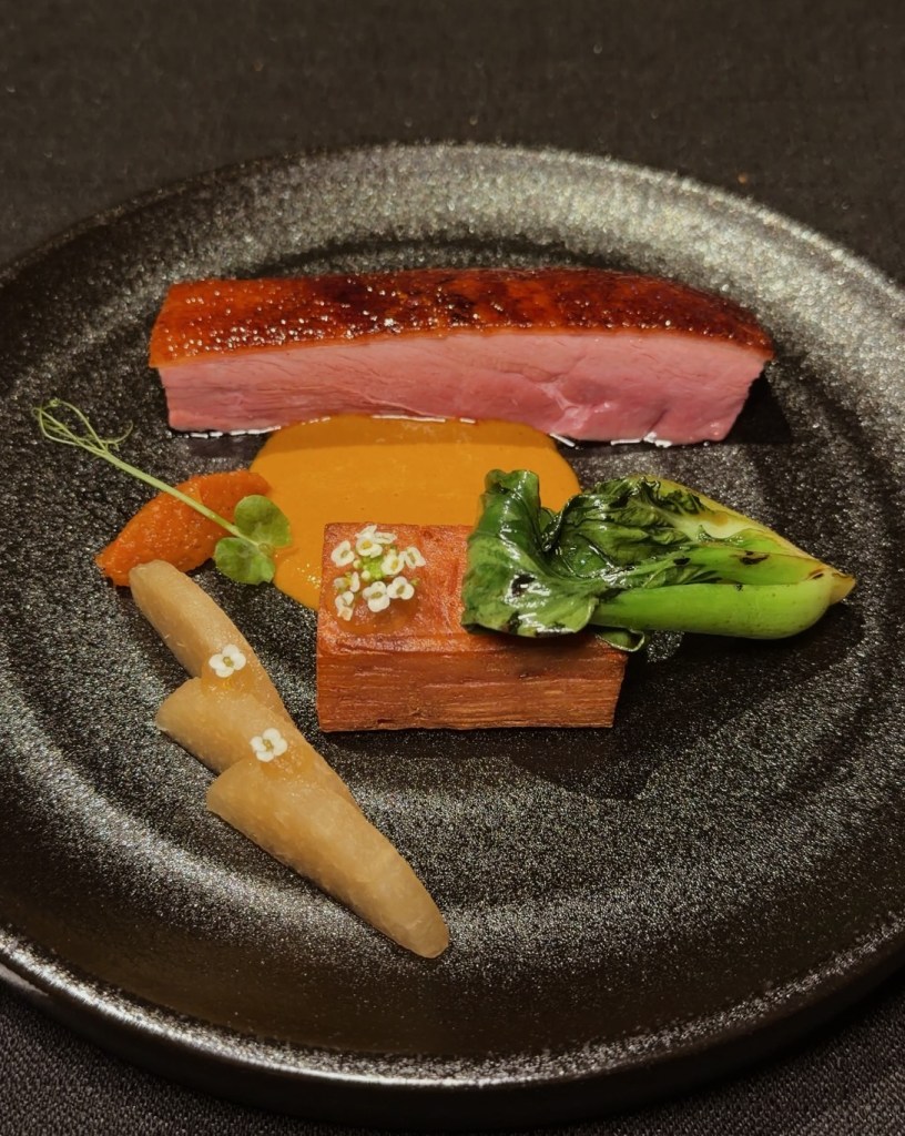 A beautifully plated dish featuring seared duck breast, accompanied by a sauce, green bok choy, and garnishes, served on a black plate.