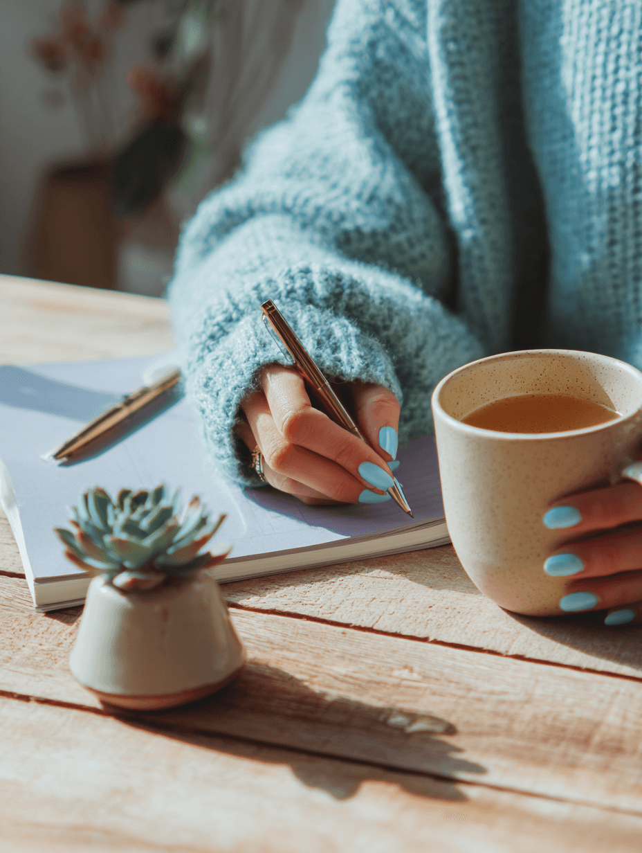 Persoon in een blauwe trui met een kop thee, schrijvend in een notitieboek.