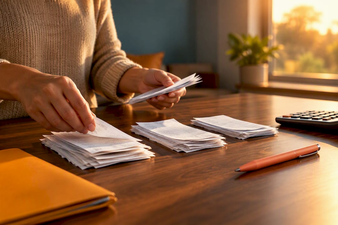 Parent sorting therapy receipts and tax documents at a kitchen table