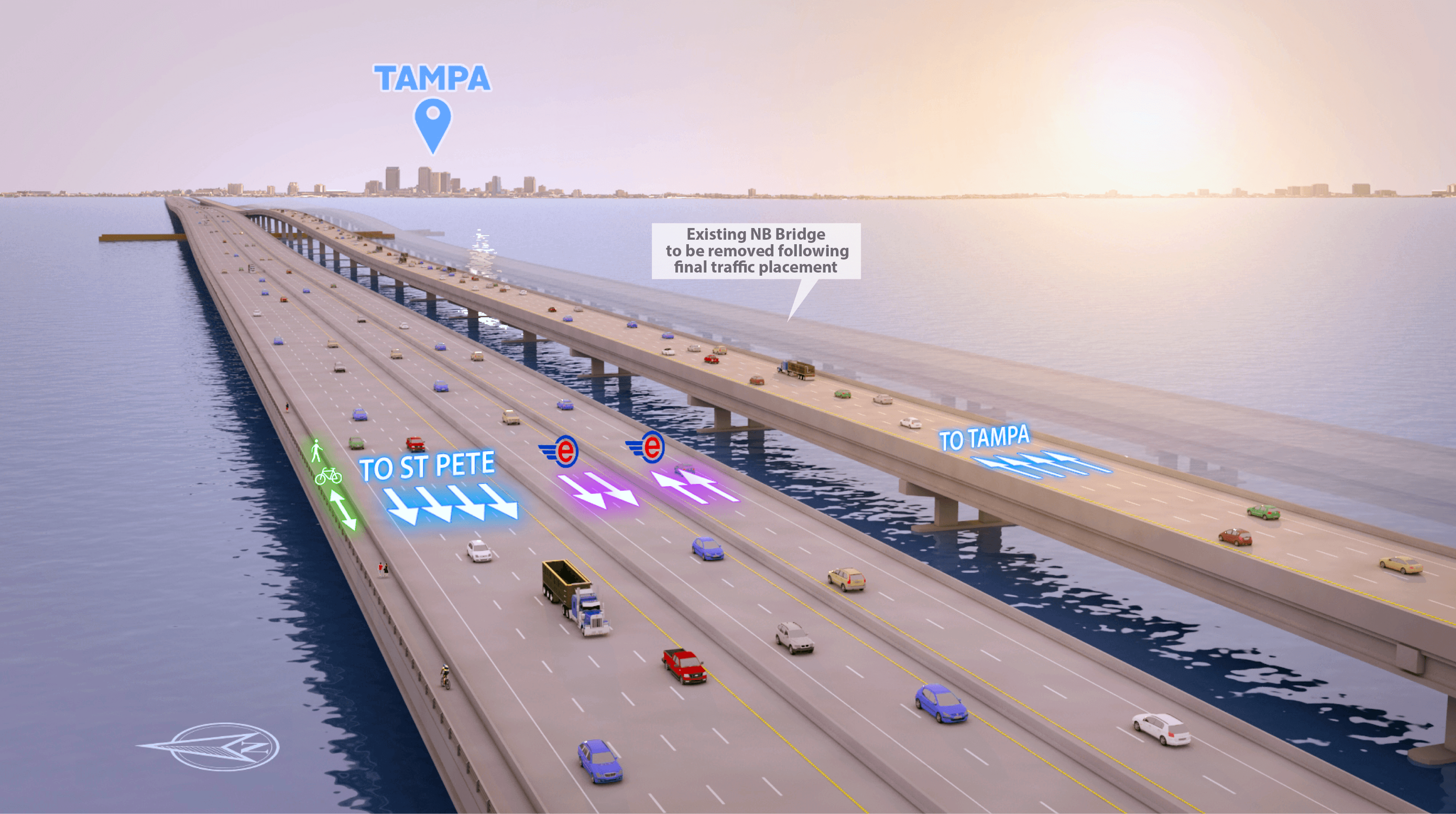 Aerial photograph of Howard Frankland Bridge showing multi-lane highway crossing Tampa Bay at sunset