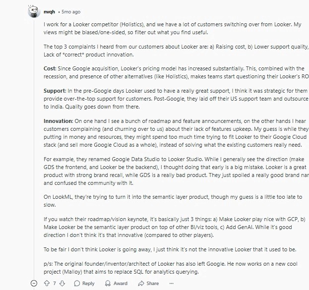 Reddit discussion outlining common customer complaints about Looker pricing, support, and innovation