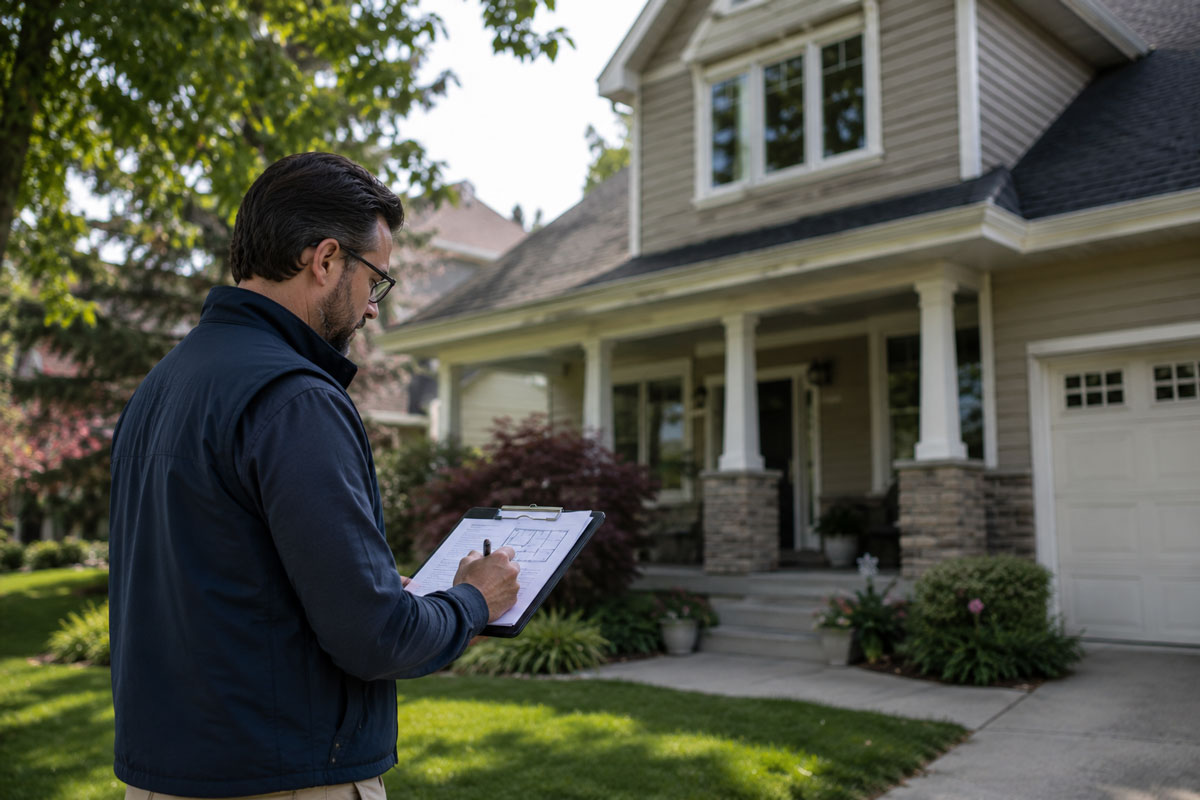 Professional real estate appraiser inspecting a suburban home