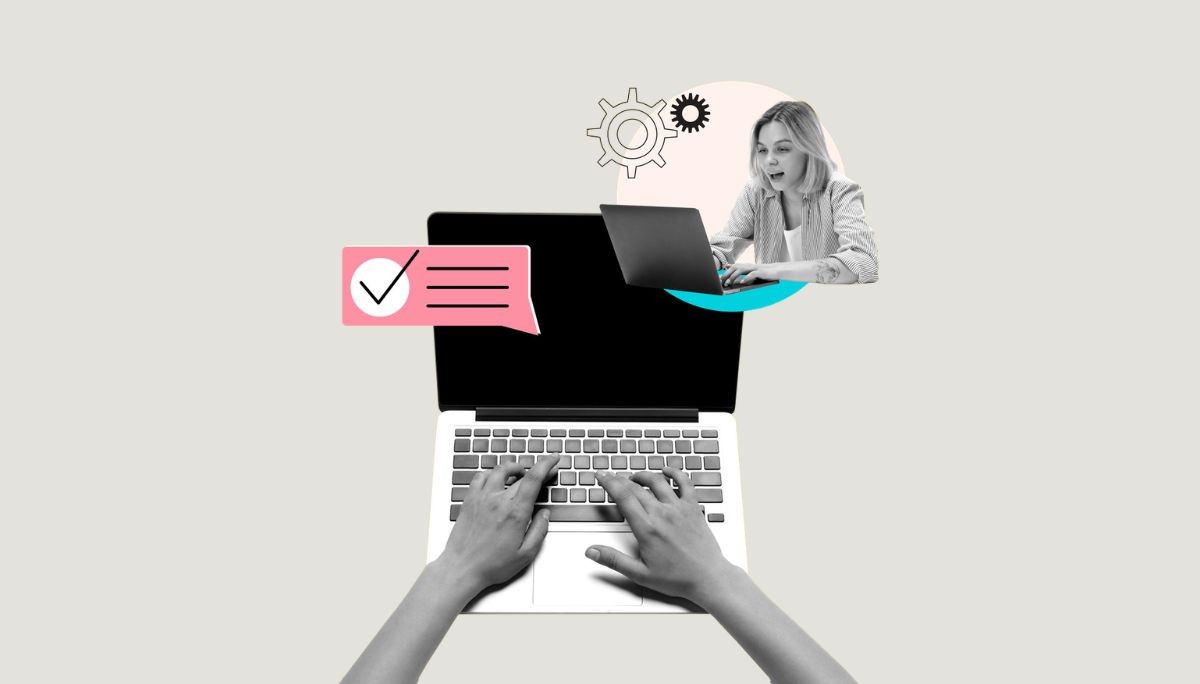 Hands typing on laptop with gears and chat bubble, symbolizing top‑rated technical talent acquisition services.