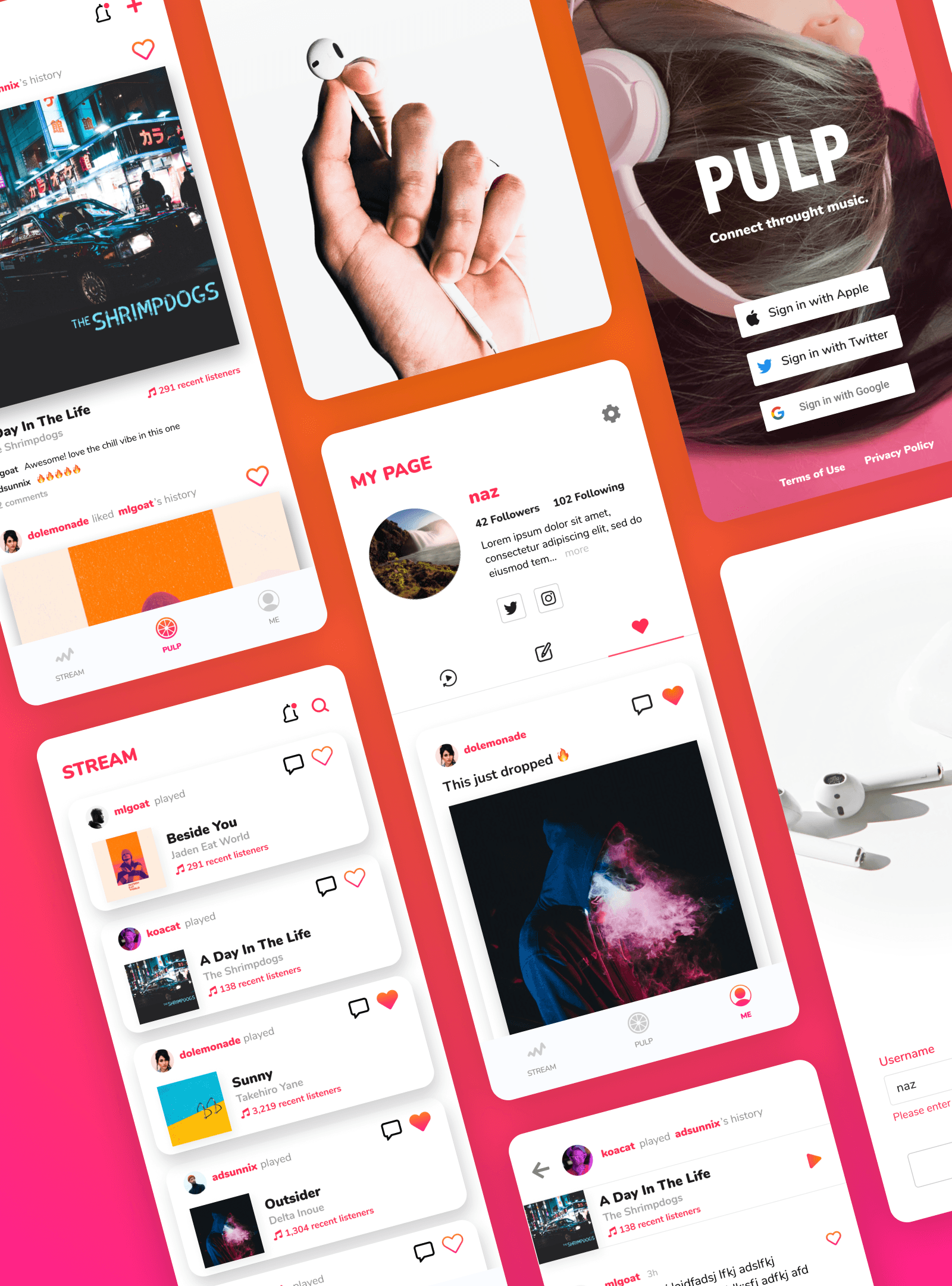 PULP app UI screens