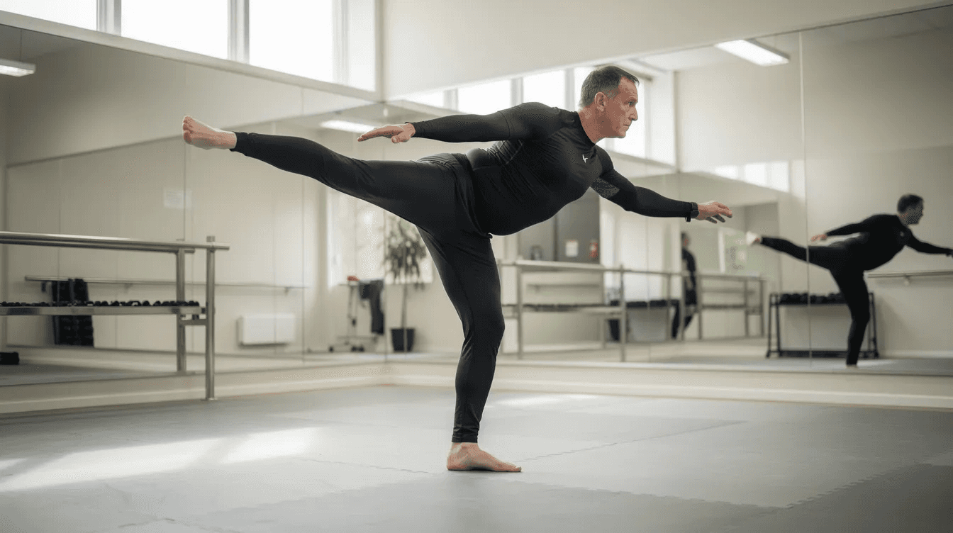 An adult martial artist is performing controlled leg swings in a training studio as part of their warm up routine, focusing on dynamic stretching to prepare their muscles and joints for martial arts training. The exercise helps increase flexibility and range of motion, ensuring proper technique and reducing the risk of injury during their workout.