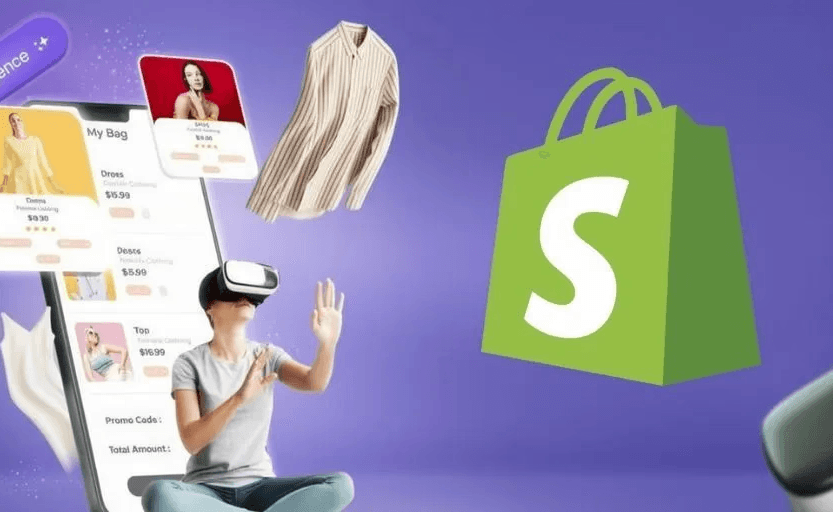 A person wearing a VR headset interacts with floating e-commerce interface elements (product cards, shopping cart, and pricing details) in a futuristic setting, alongside a large Shopify logo and a clothing item, illustrating AI-powered virtual shopping.