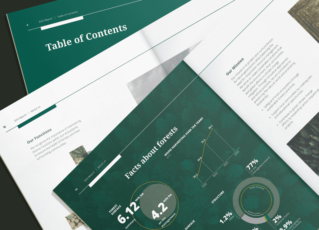 Some random, open pages of the ESG Report laying down image.