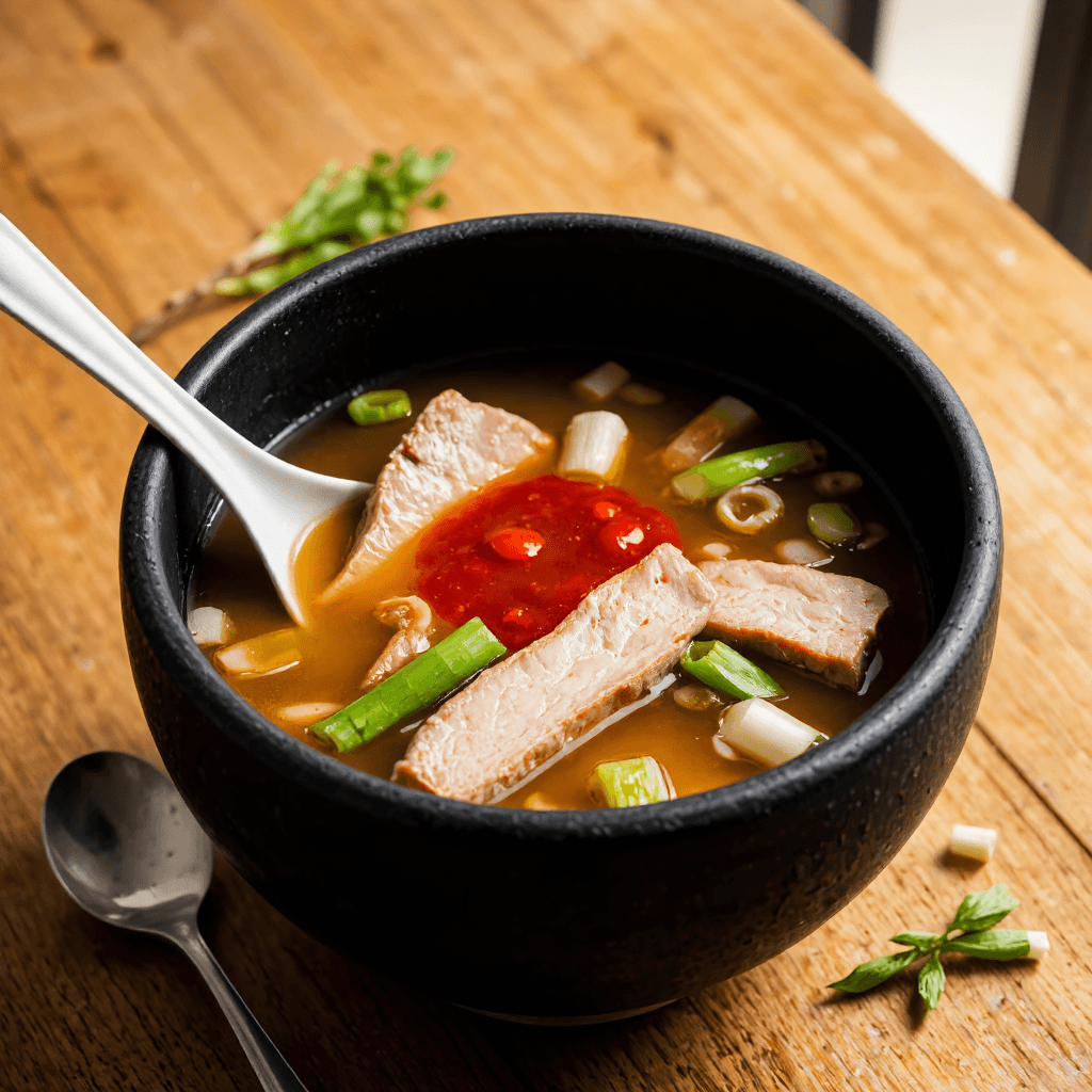 product photography of a bowl of soup with meat and vegetables