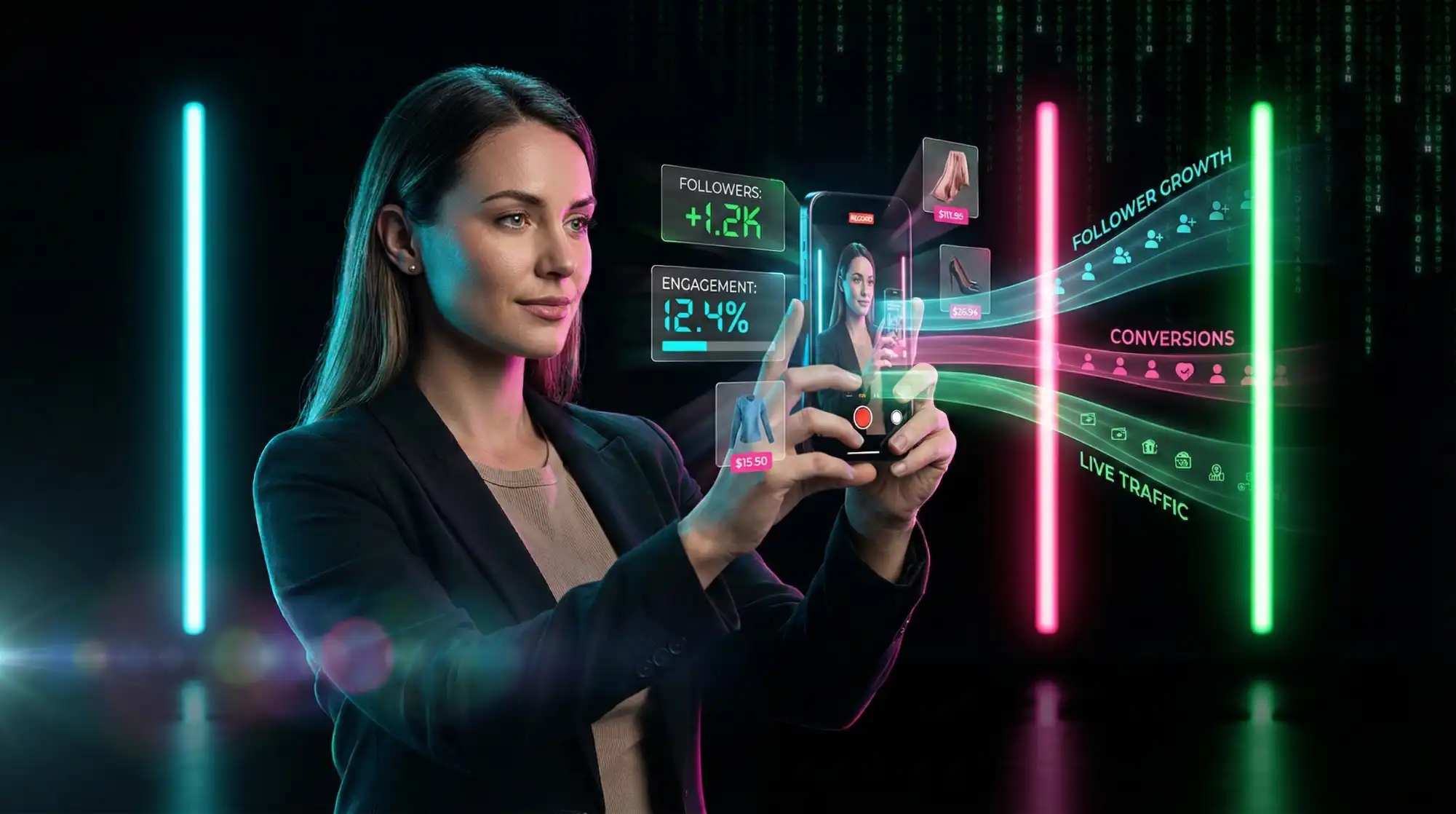 Professional content creator using TikTok Shop with holographic AR metrics showing follower growth, engagement rates, and conversion data in real-time.