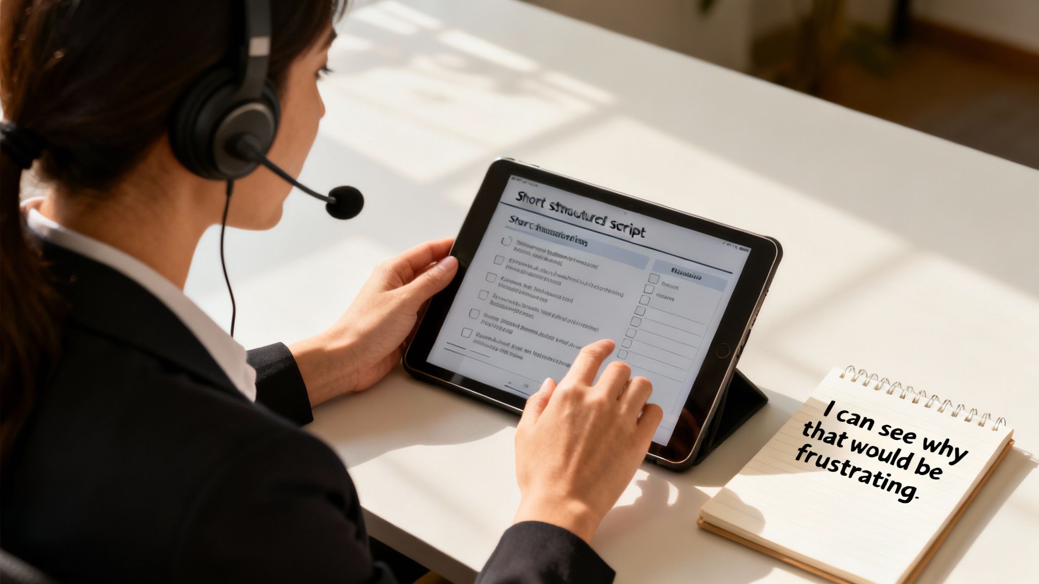 A customer service agent wearing a headset, using a tablet with a script and a notepad.