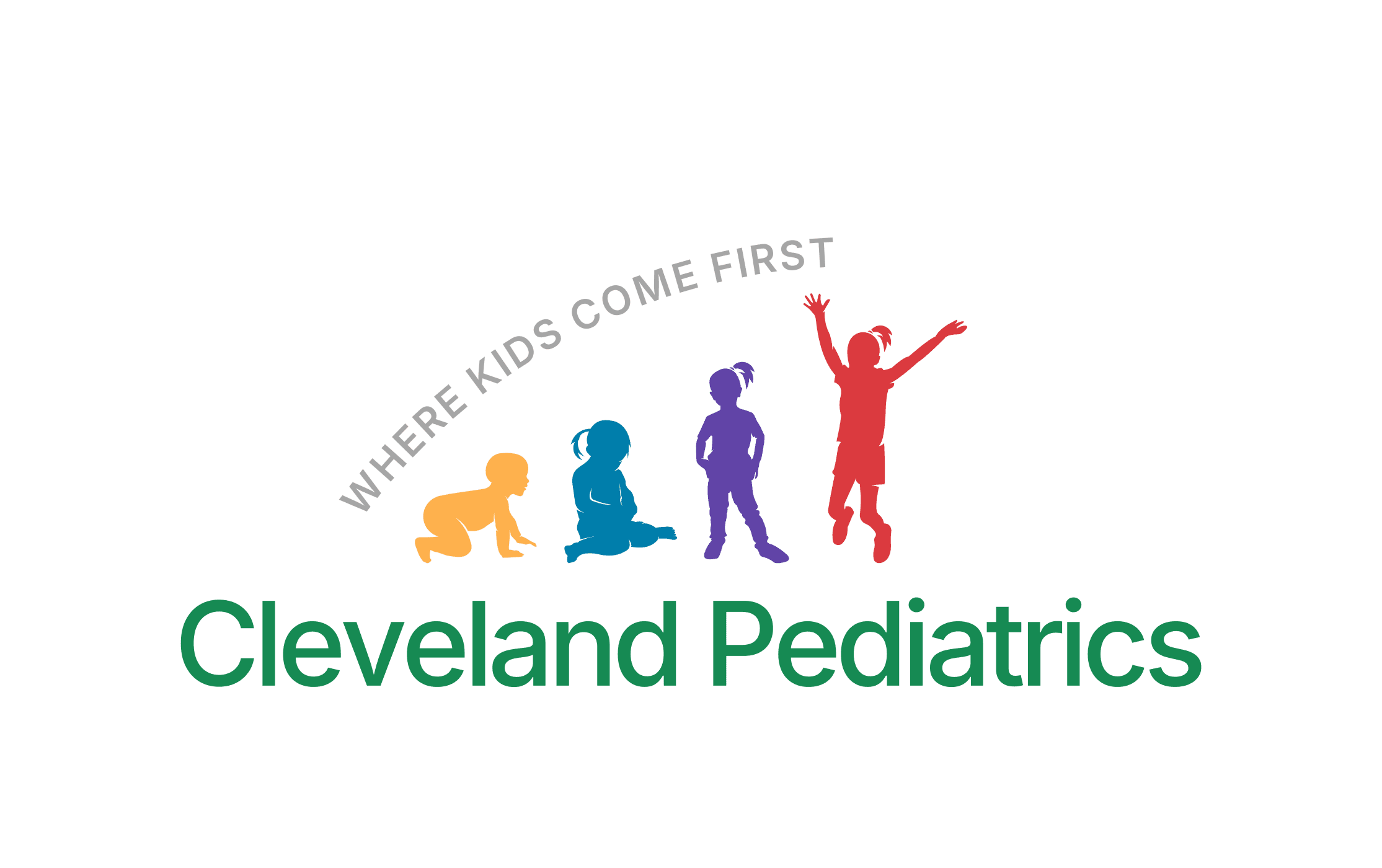 Cleveland Pediatrics logo. Four children in increasing order of age and activity.