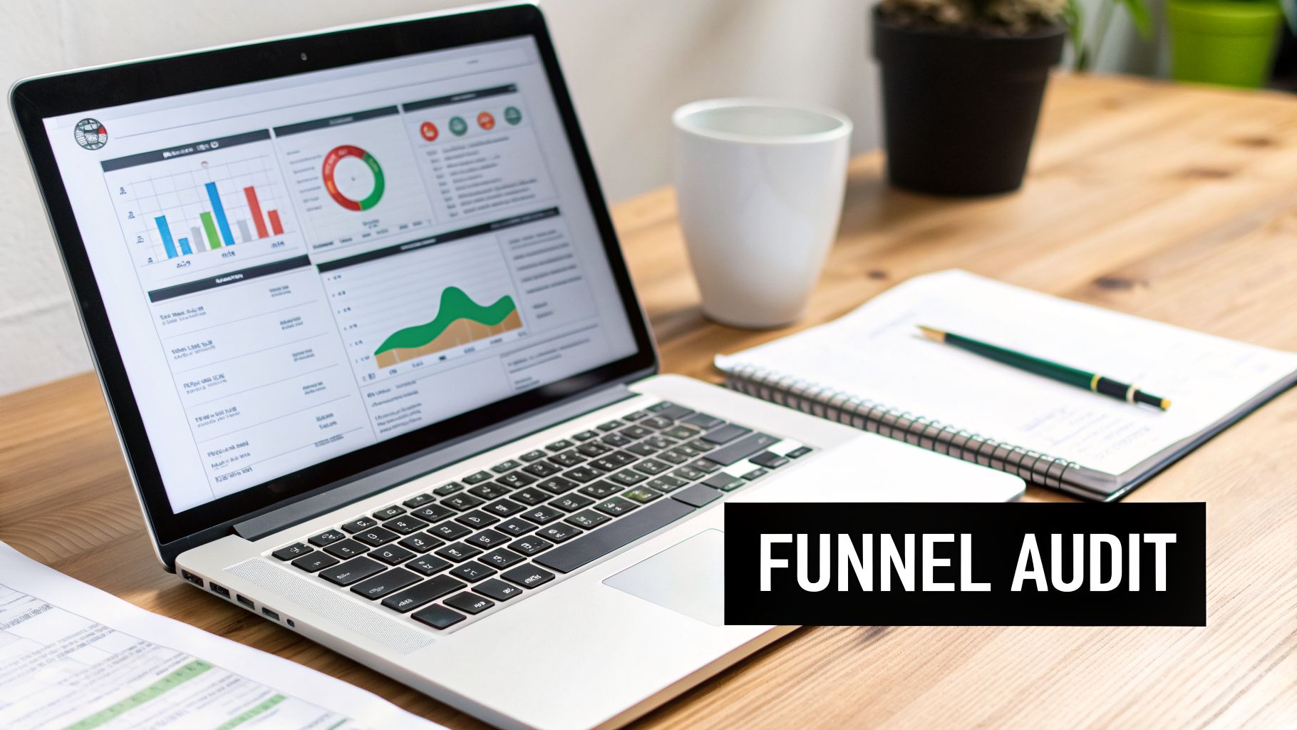 A laptop screen displays business analytics dashboards with charts and graphs on a wooden desk.