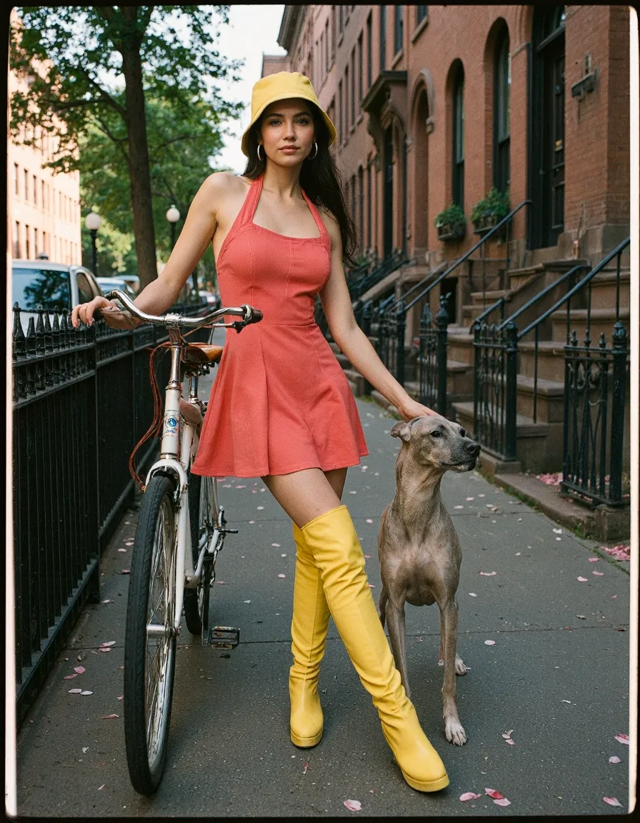 Stylish coral dress and yellow accessories shine in an autumn urban setting with a bicycle and dog on a brownstone-lined street