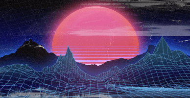 Computer like graphic showing dark mountains with pink sun setting behind