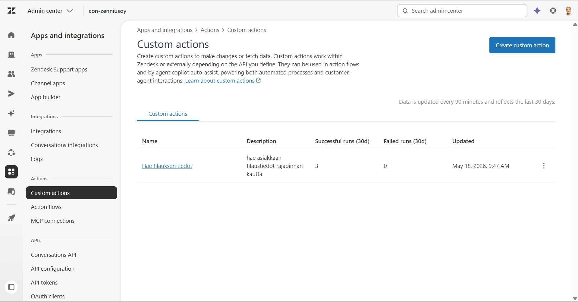 Kuvakaappaus Custom actions -listauksesta Admin Centerissä.