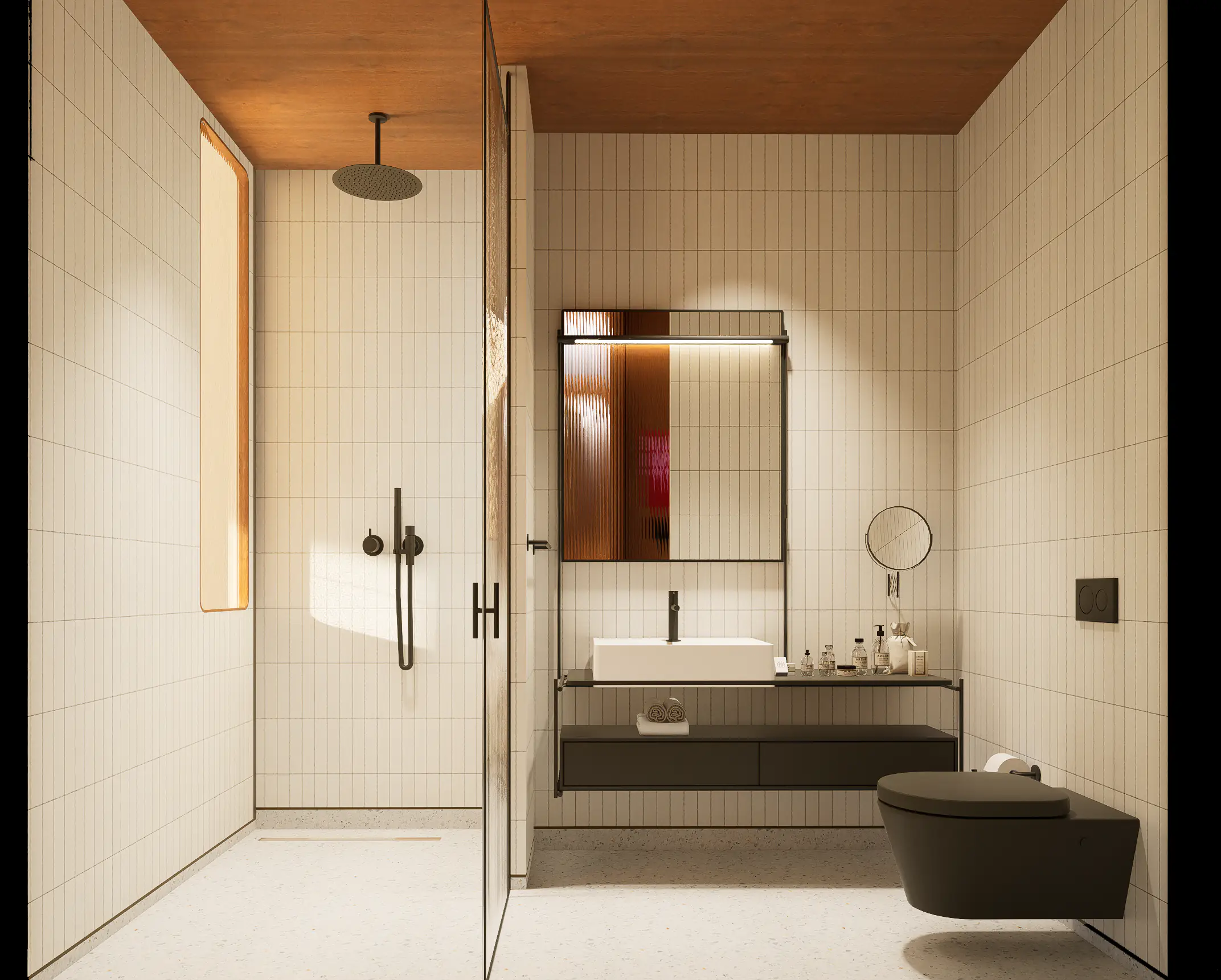 Oda Tipi 3; beyaz karolu banyo, lavabo ve duş