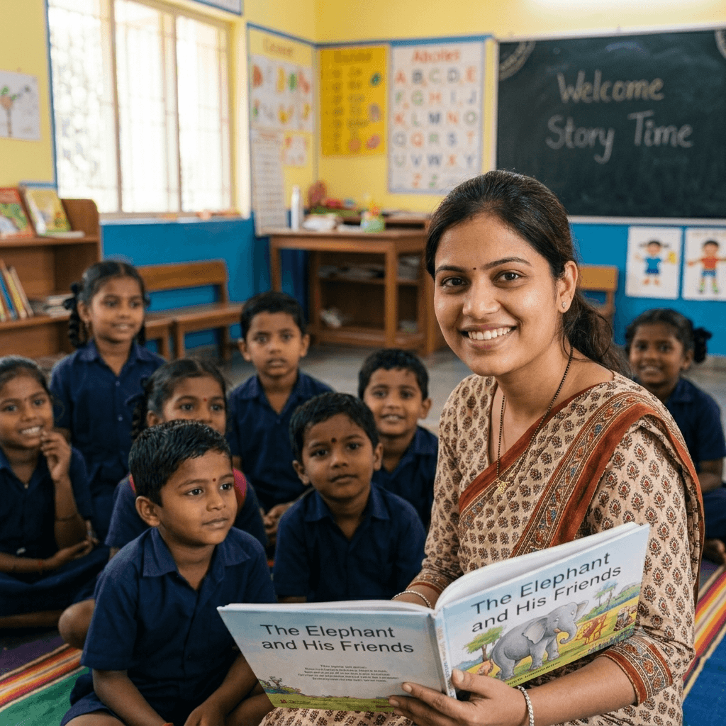 Indian teacher in a kurta teaching a small group of students