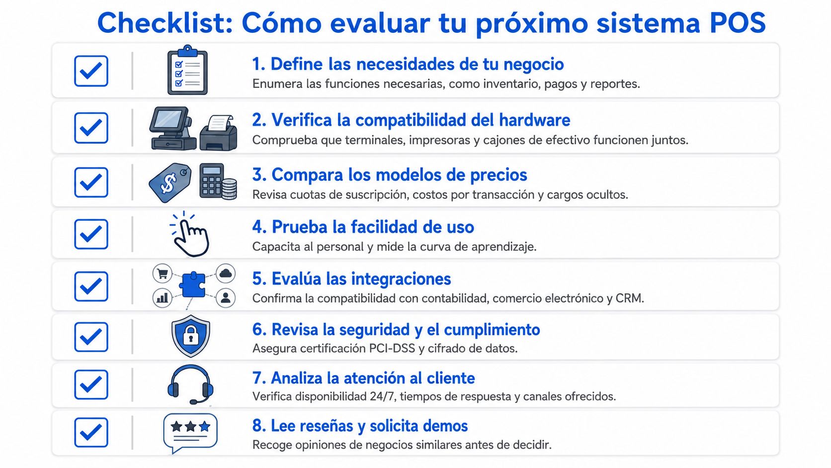 Infografía con una lista de verificación de los puntos clave para evaluar un sistema de punto de venta.