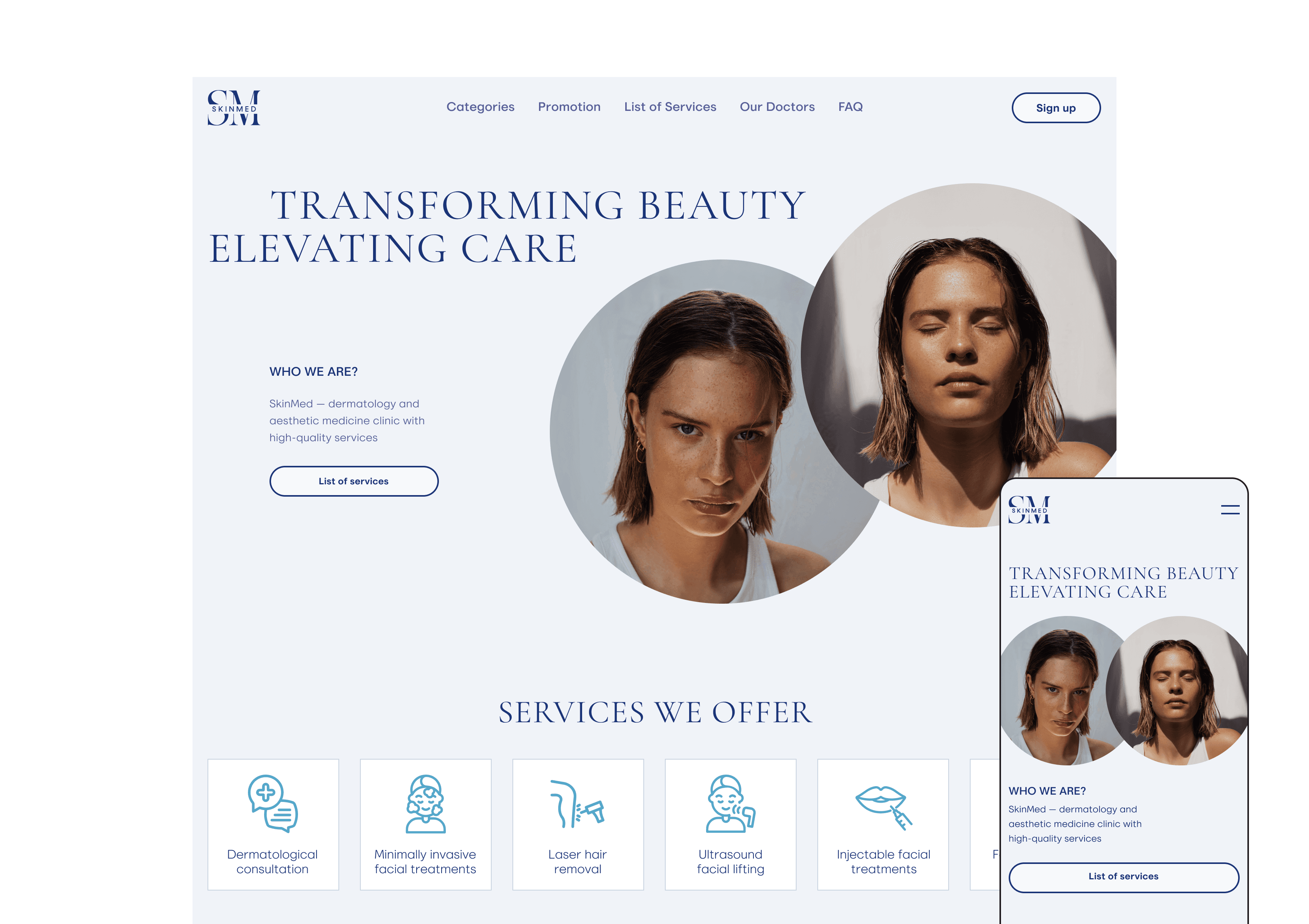 Landing page of SkinMed clinic — elegant UI showcasing two women and headline “Transforming Beauty, Elevating Care”