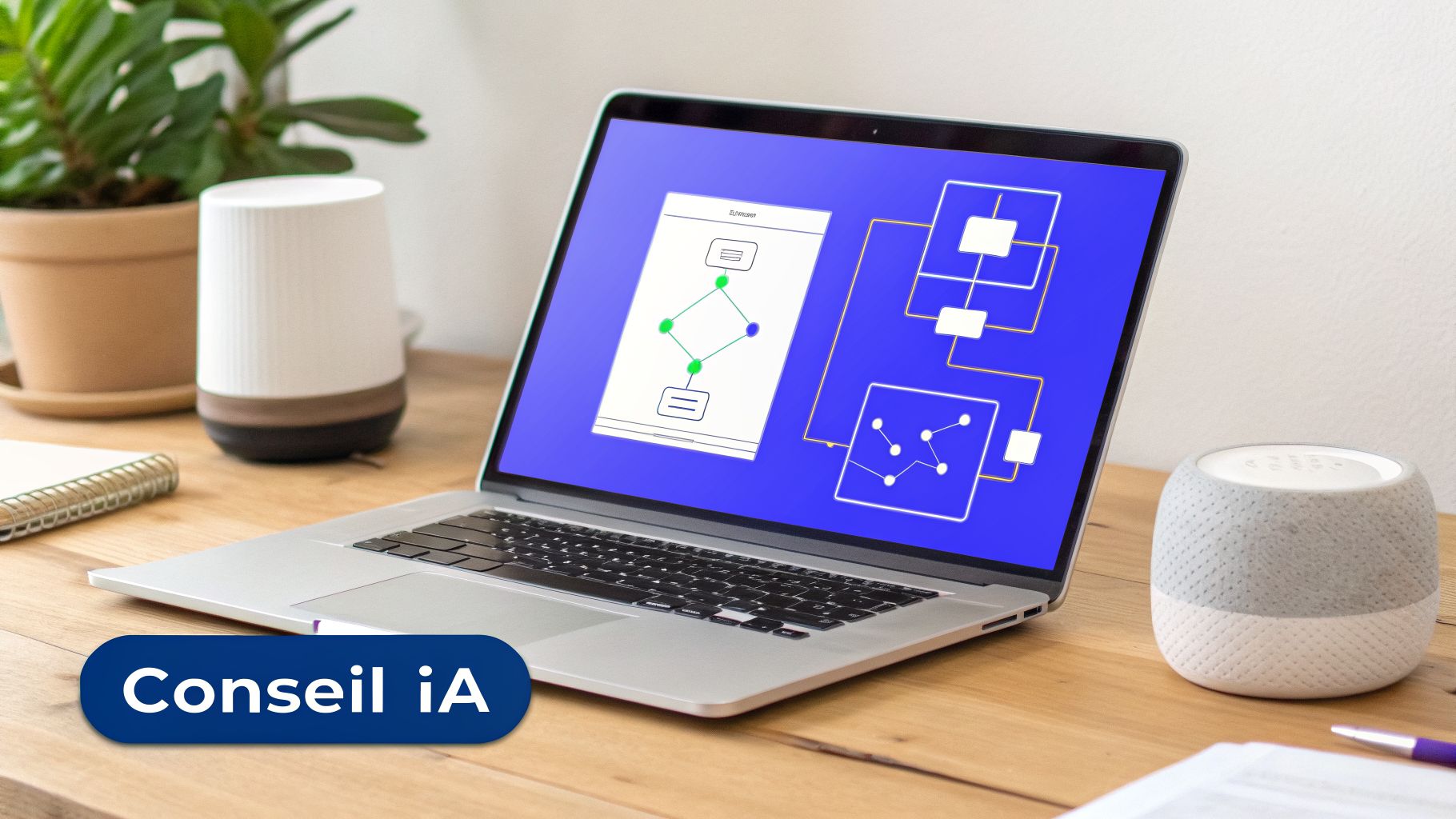 Un bureau en bois avec un ordinateur portable affichant des schémas, deux enceintes intelligentes, une plante et un bloc-notes. Texte : Conseil iA.