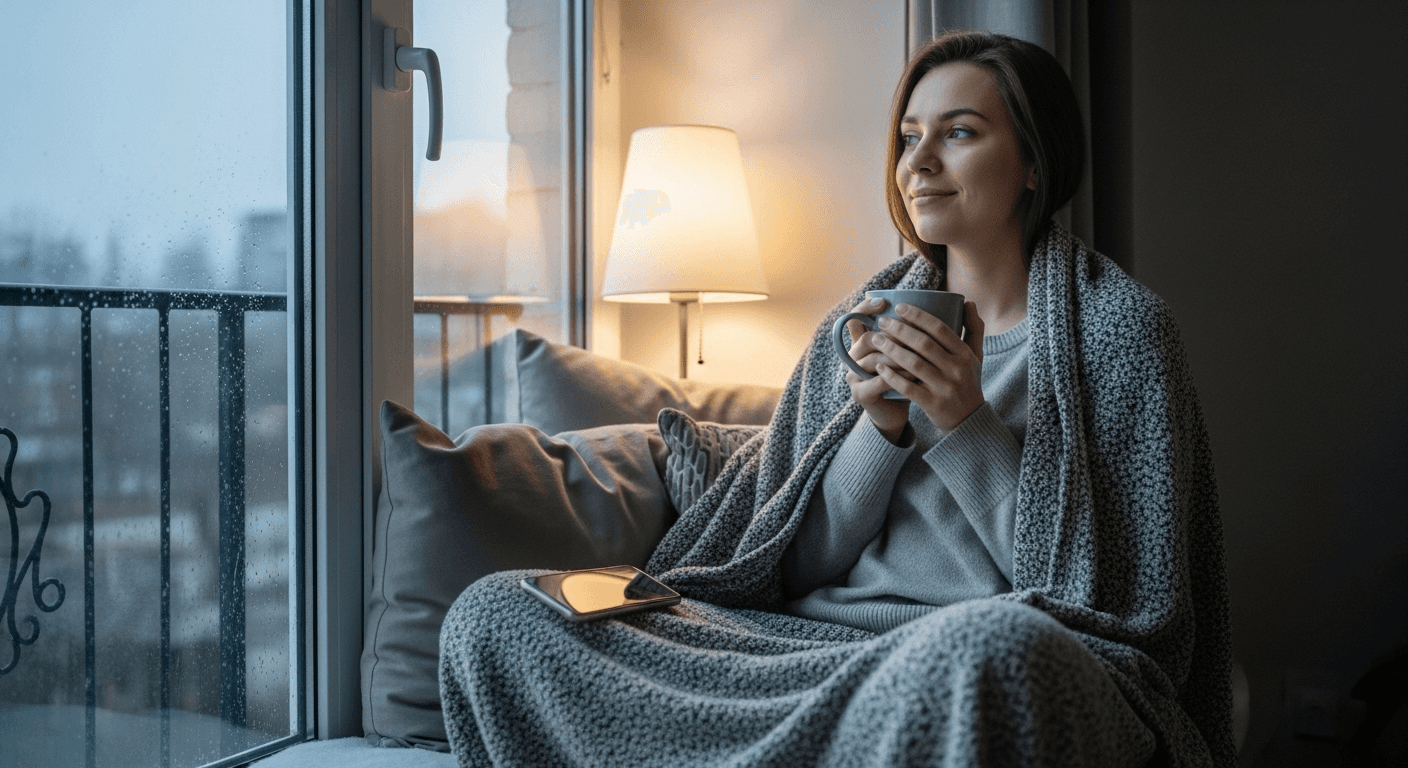 A woman relaxing alone by a rainy window with a warm mug and her phone set aside