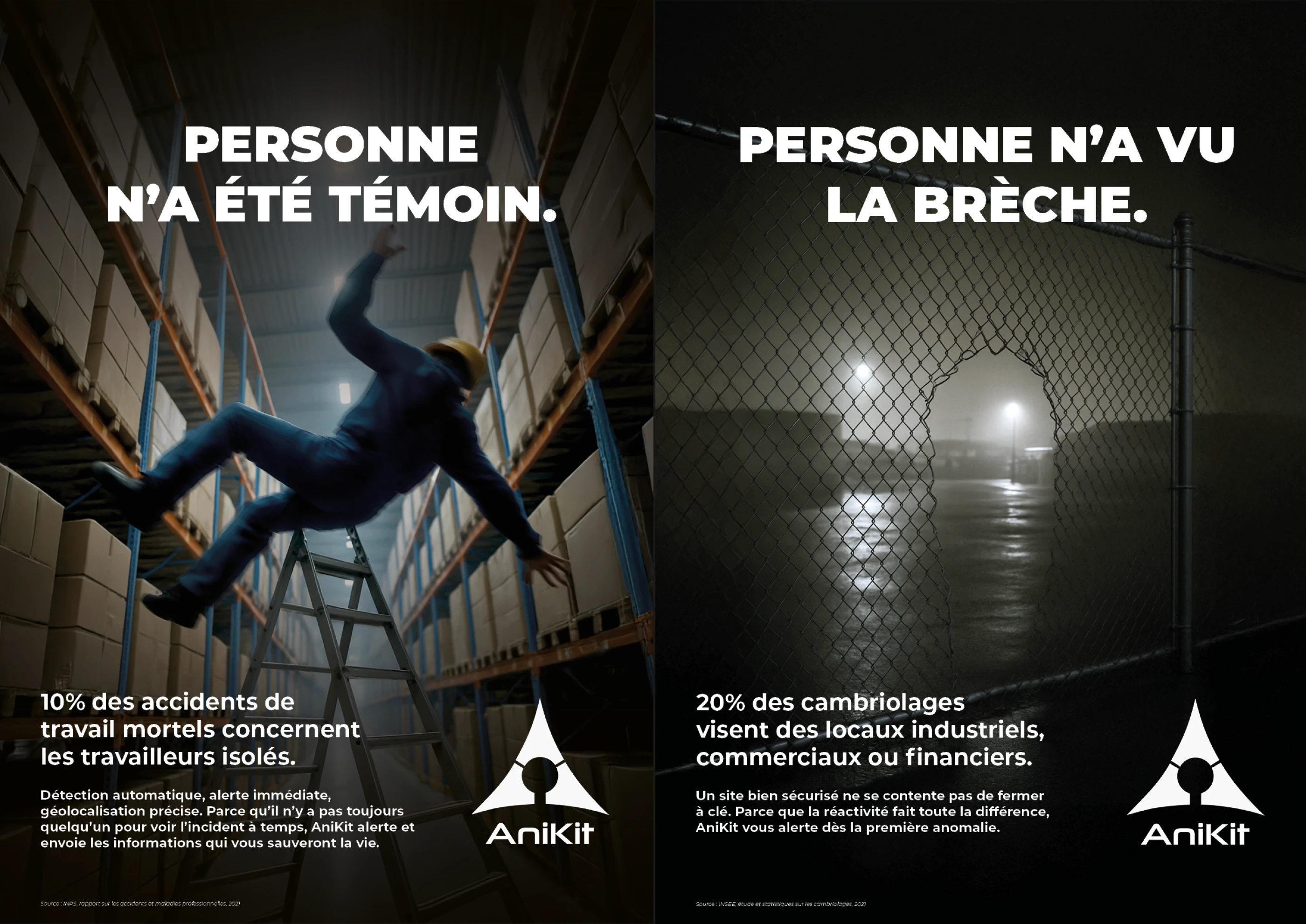 Comparaison visuelle des affiches de la campagne AniKit. Cohérence de la direction artistique sur les thématiques de la chute et de l'intrusion.