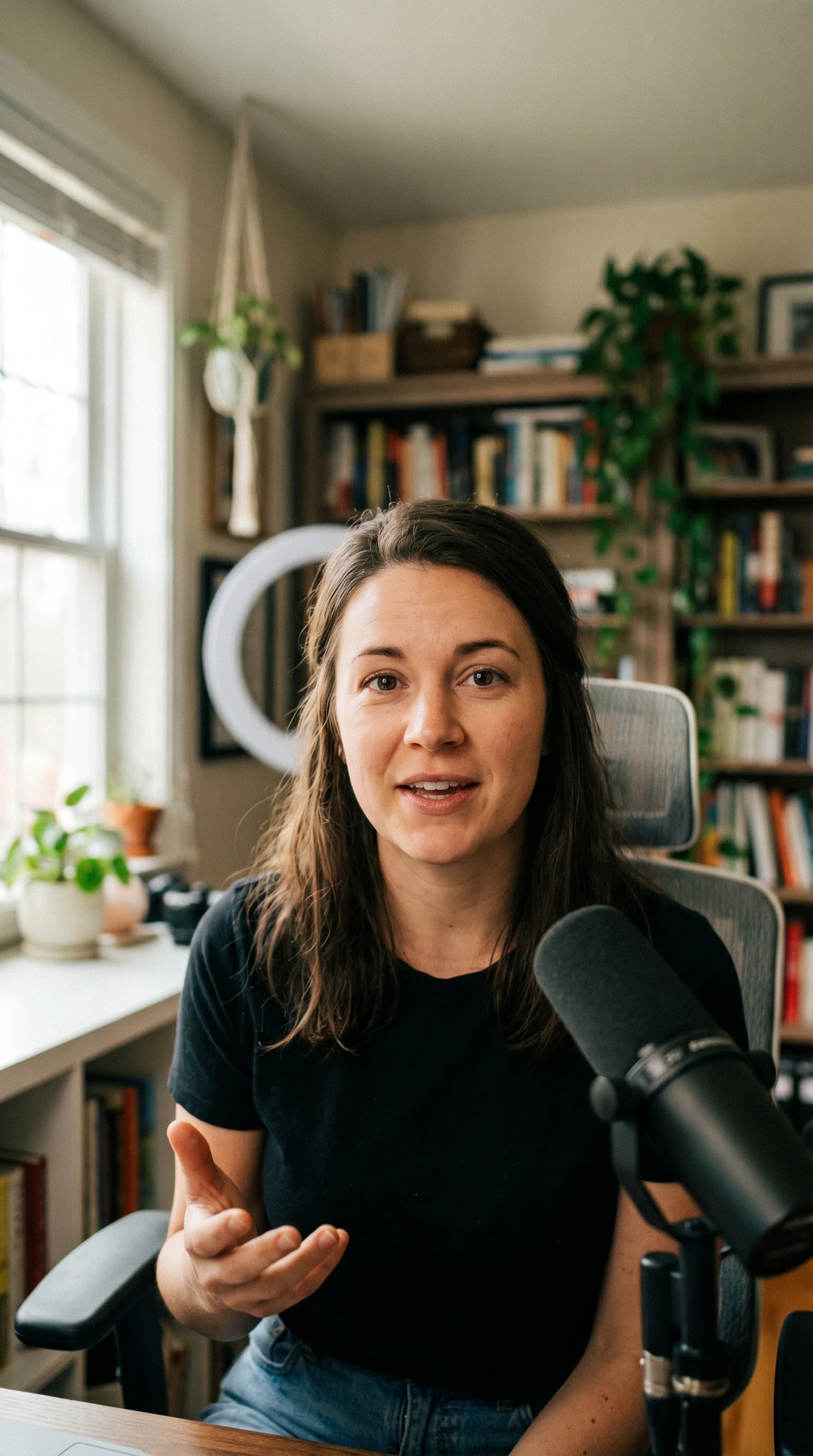 Professional speaking naturally to camera in home recording setup, ring light reflection in eyes, microphone at edge of frame