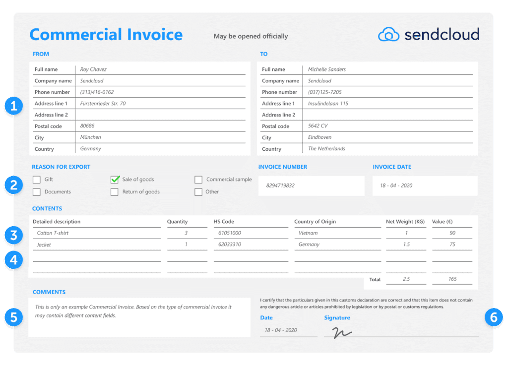 Remplir une facture commerciale de Sendcloud