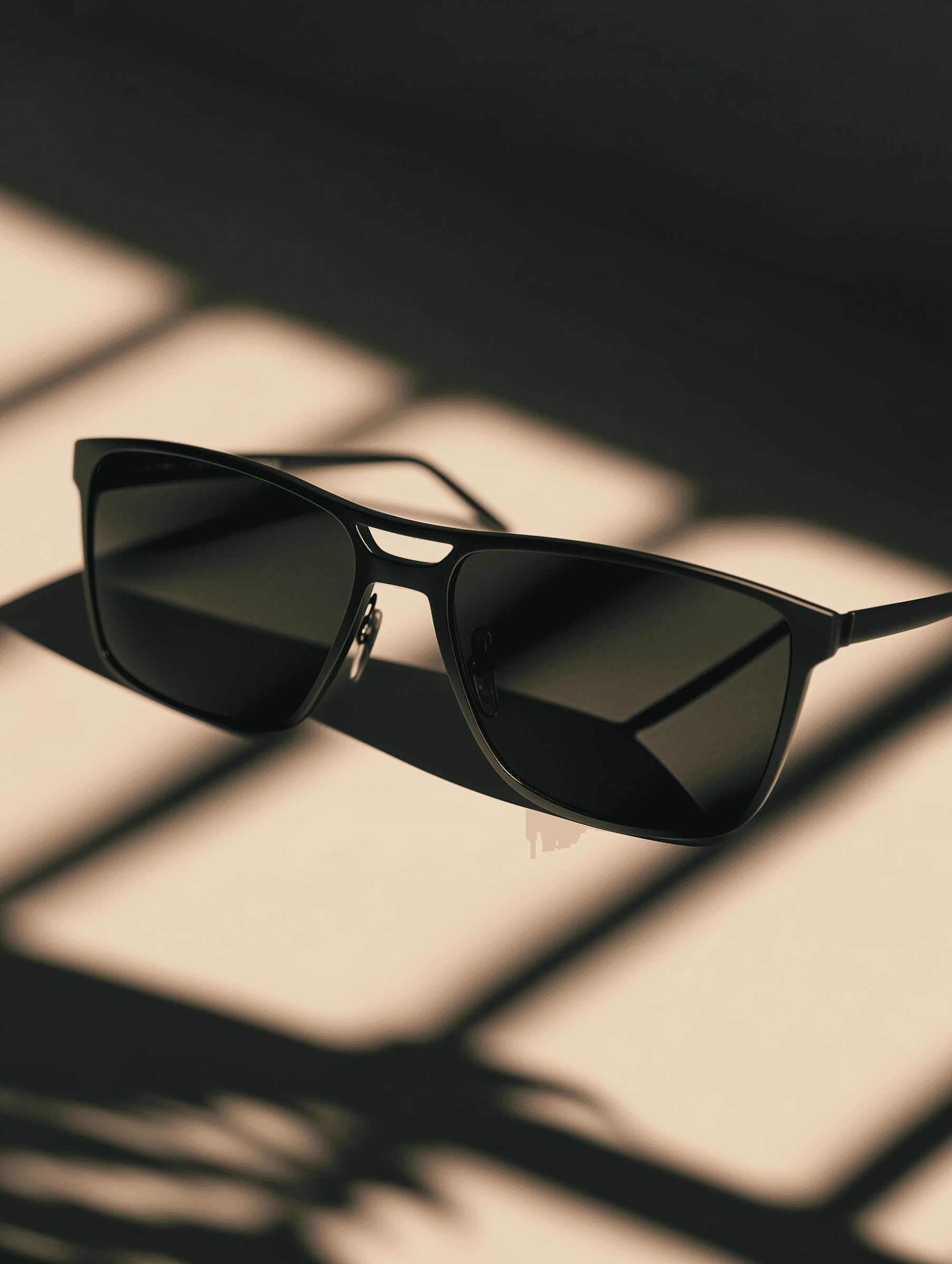 Stylish rectangular sunglasses with green-tinted lenses and a metallic frame, set against a beige background with dramatic shadow play.