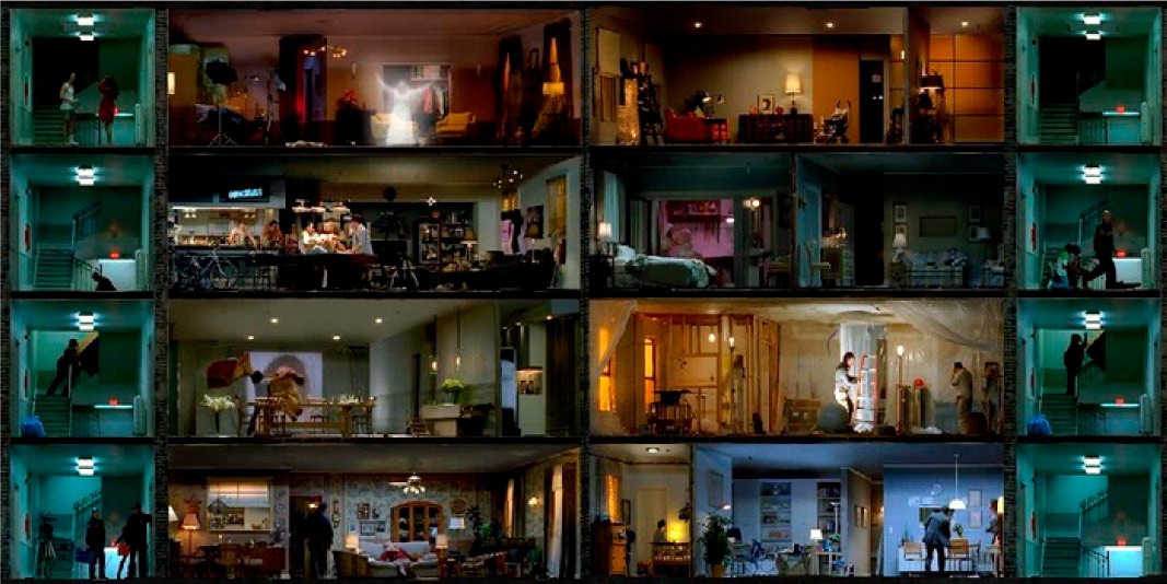 Vista interior de un edificio con múltiples apartamentos iluminados, cada uno mostrando escenas de la vida diaria.