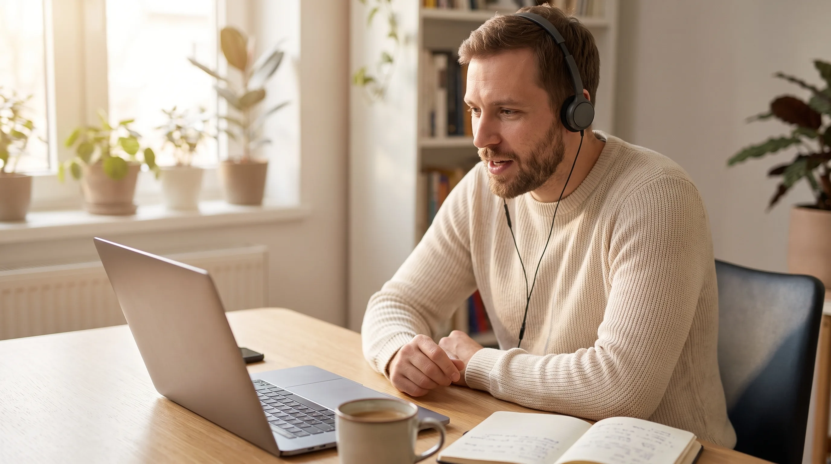 A professional recording a Microsoft Teams meeting locally on a Mac, wearing headphones in a home office