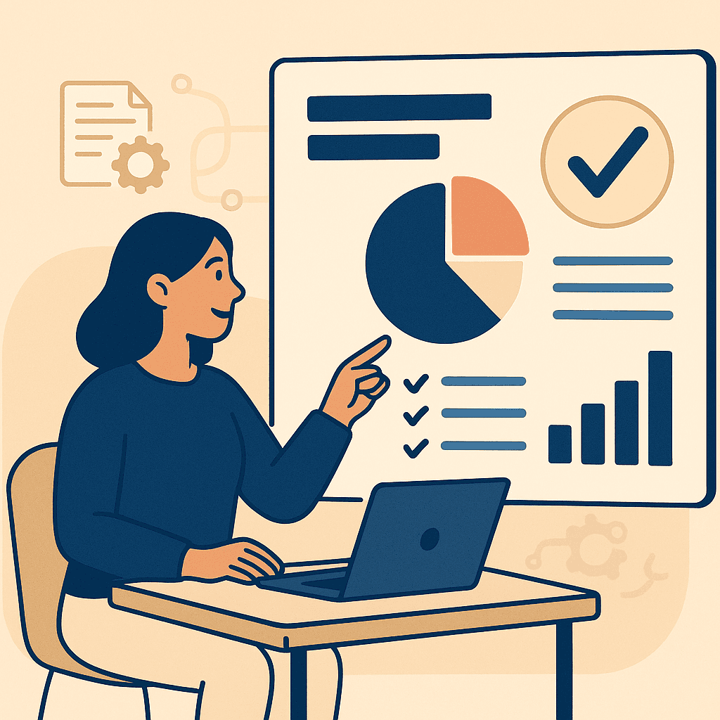 A nonprofit staff member reviews an automated data dashboard with charts and checklists, representing efficient reporting and clarity.