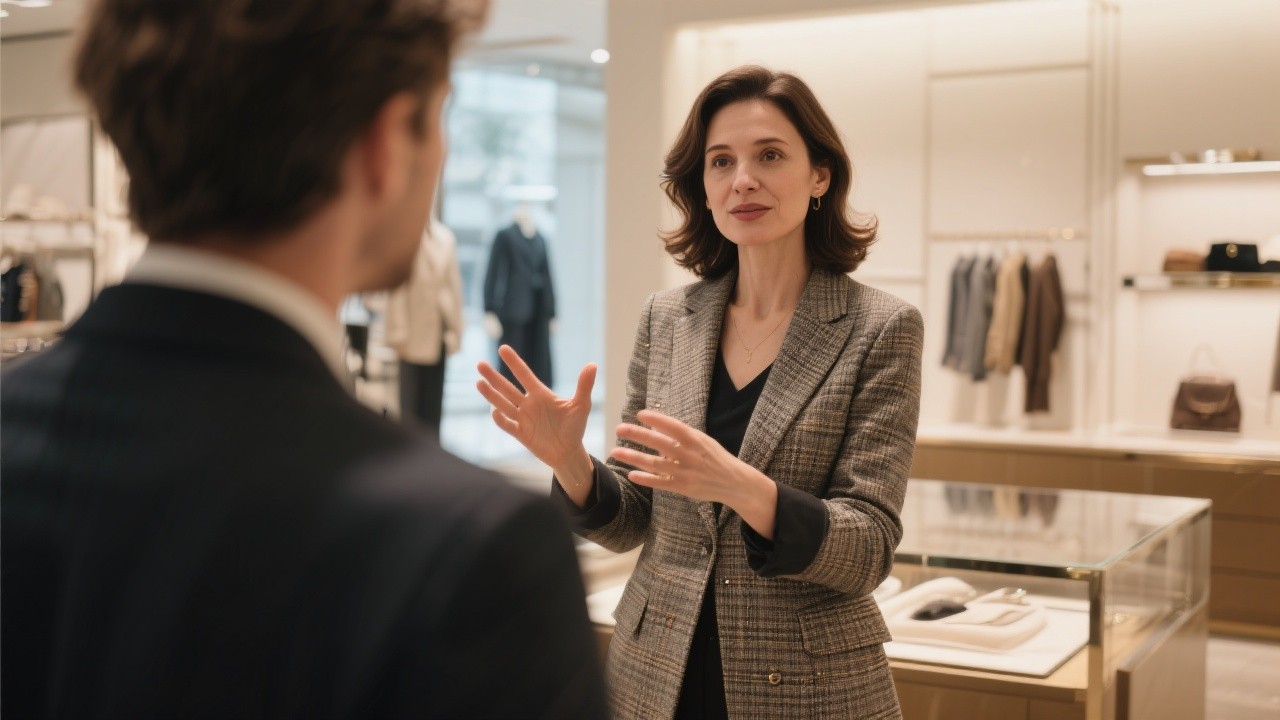 Commerçante élégante présente un produit à un client avec assurance dans une boutique haut de gamme, ambiance chaleureuse