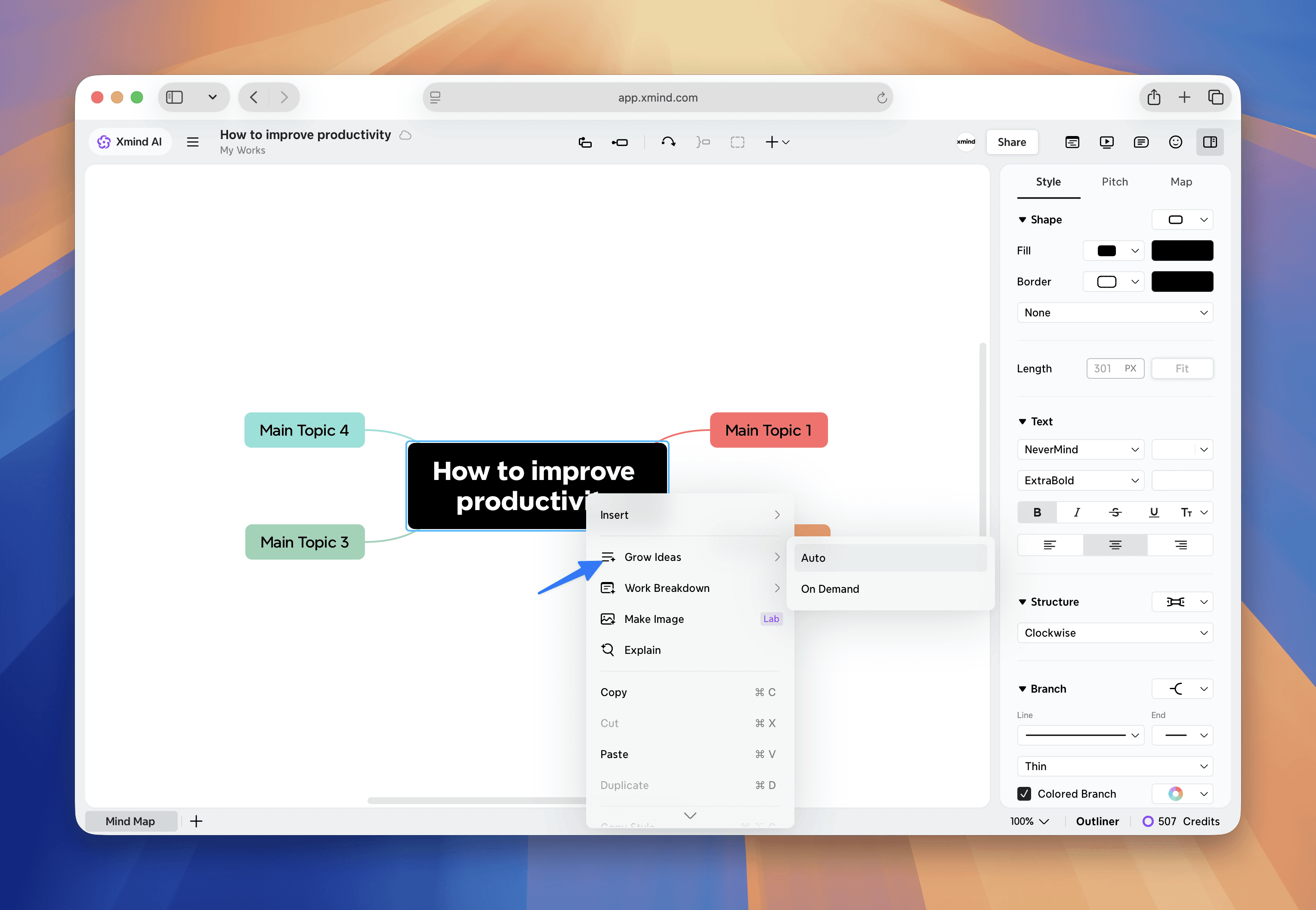 Mind map with productivity topics and options menu