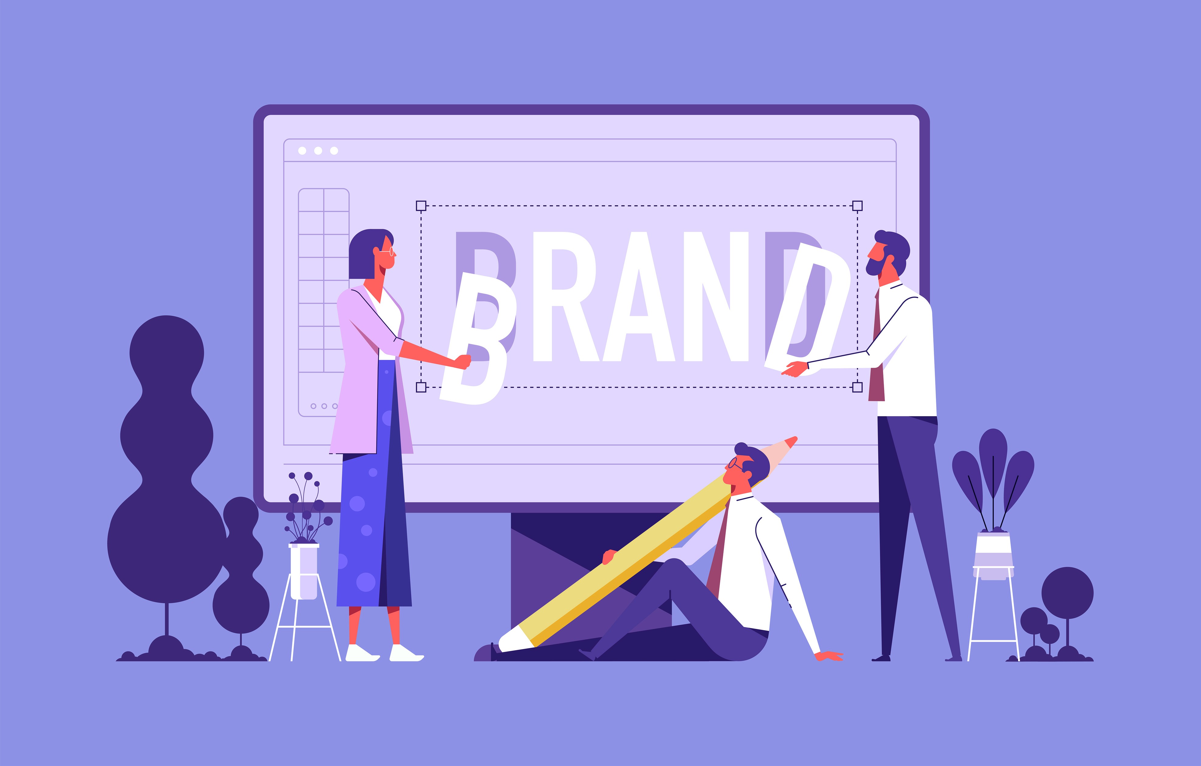 Illustration of a team assembling the word BRAND on a large screen, representing creator-brand identity building