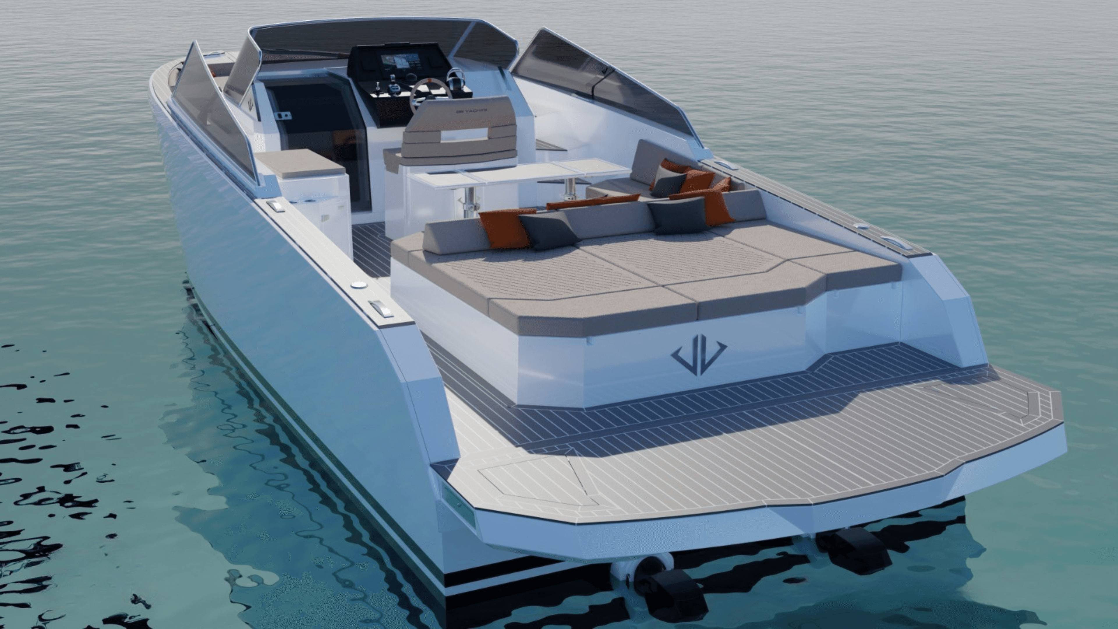 Un yacht élégant et moderne doté d'un pont ensoleillé spacieux avec des sièges moelleux et des coussins, glissant en douceur sur des eaux bleues calmes.