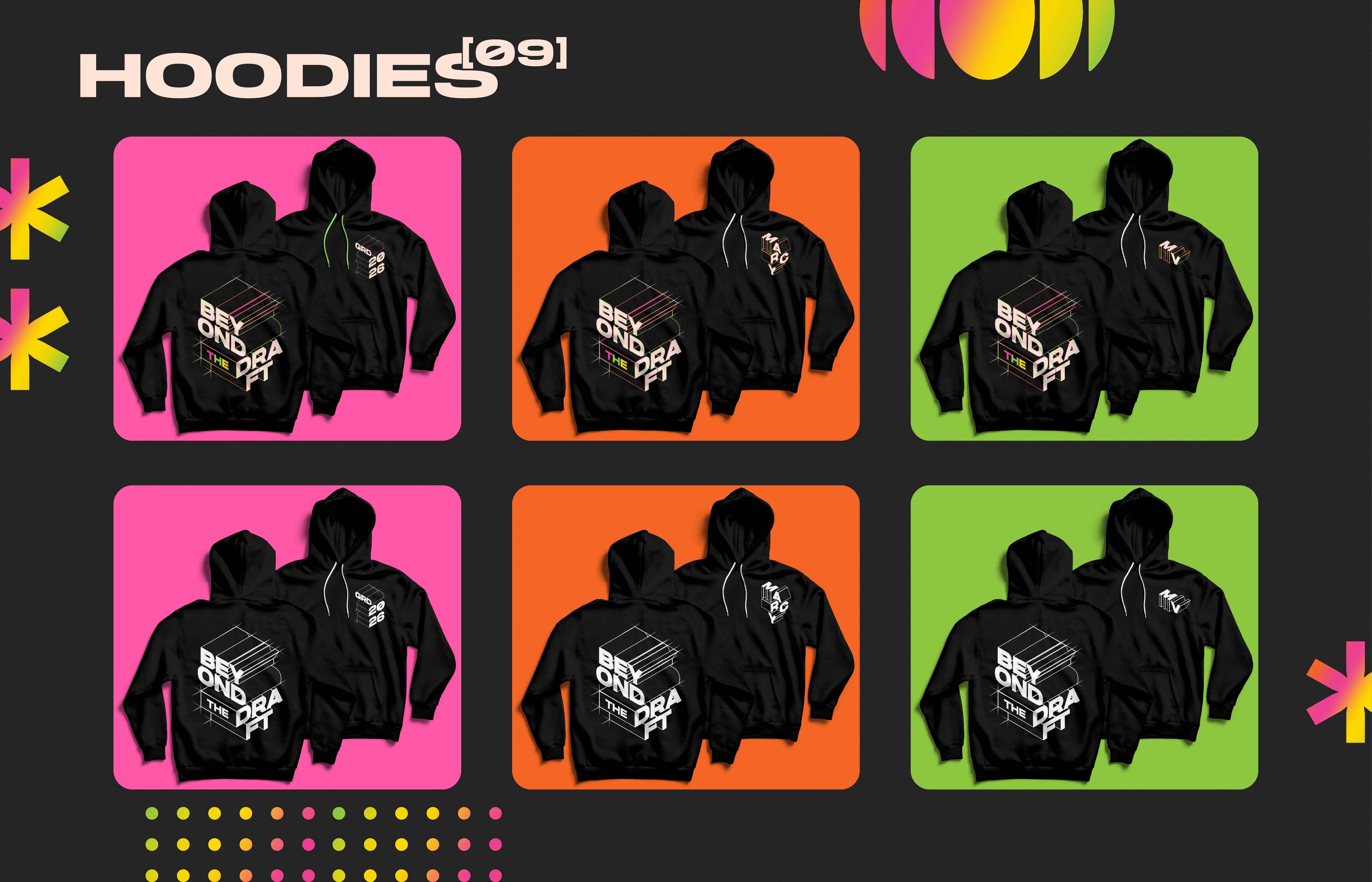 6 mockups of hoodies that students could get as a keepsake for the event. The left most top and bottom ones show a general hoodie design. The middle top and bottom ones show the hoodies where the front has a students name on it in a stylized way. The right most top and bottom ones have the students initials on the front of the hoodie.