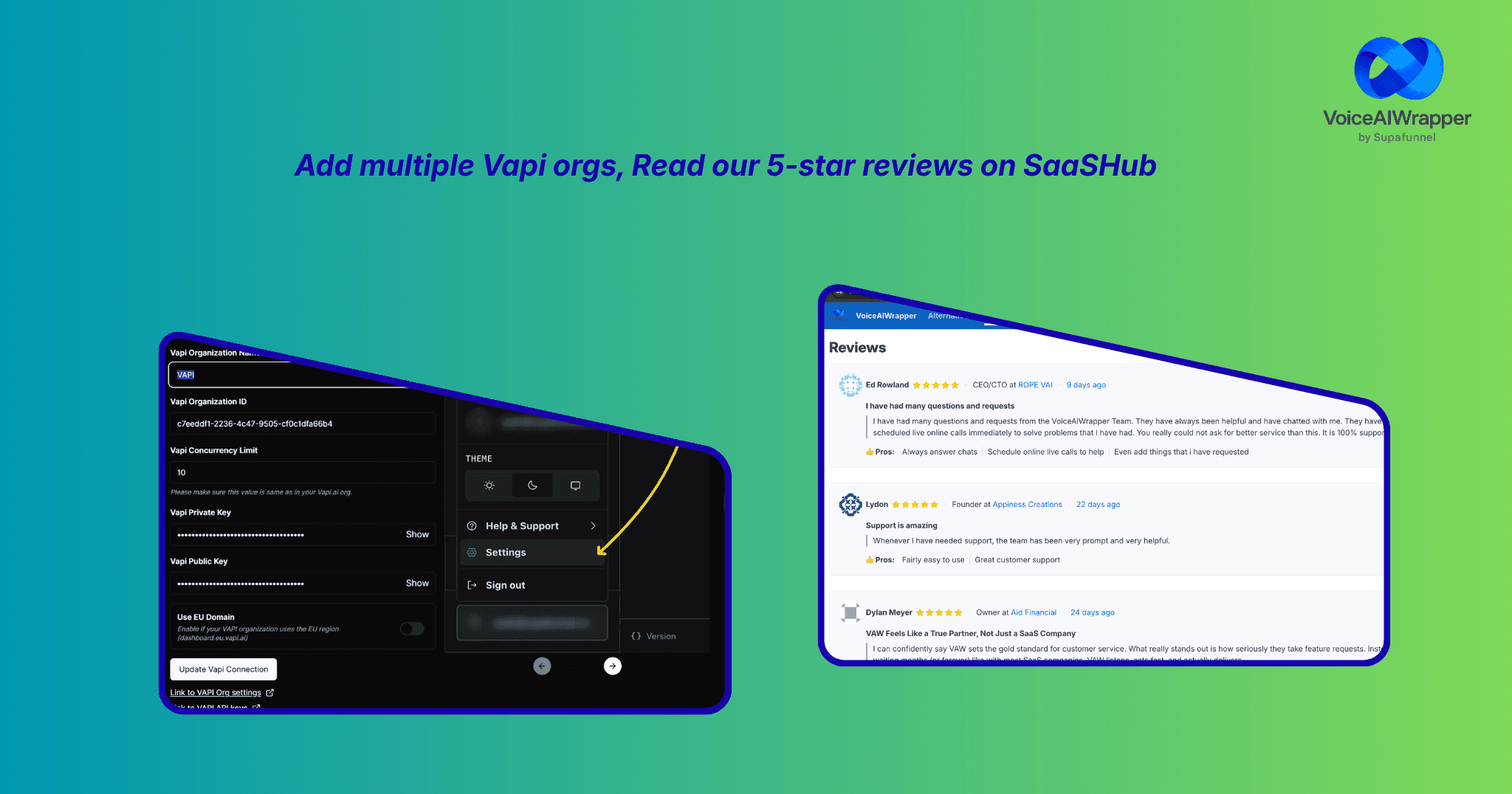 White-label feature block showing 5-star SaaSHub reviews, multi-provider workspace management for Vapi and Retell, and workflow integrations | VoiceAIWrapper.