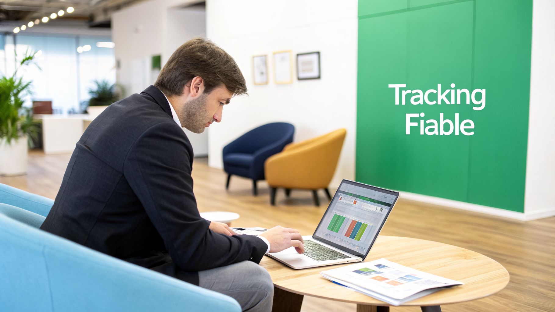 Un homme d'affaires travaille sur un ordinateur portable affichant des données dans un bureau moderne.