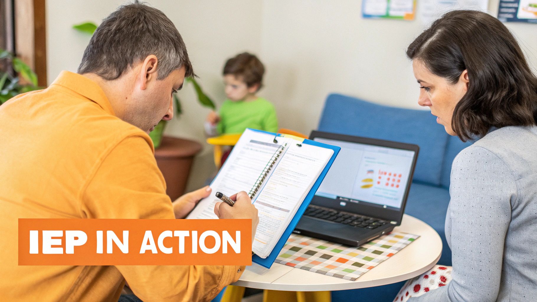Parents review a child's Individualized Education Program (IEP) and assessment results on a laptop.
