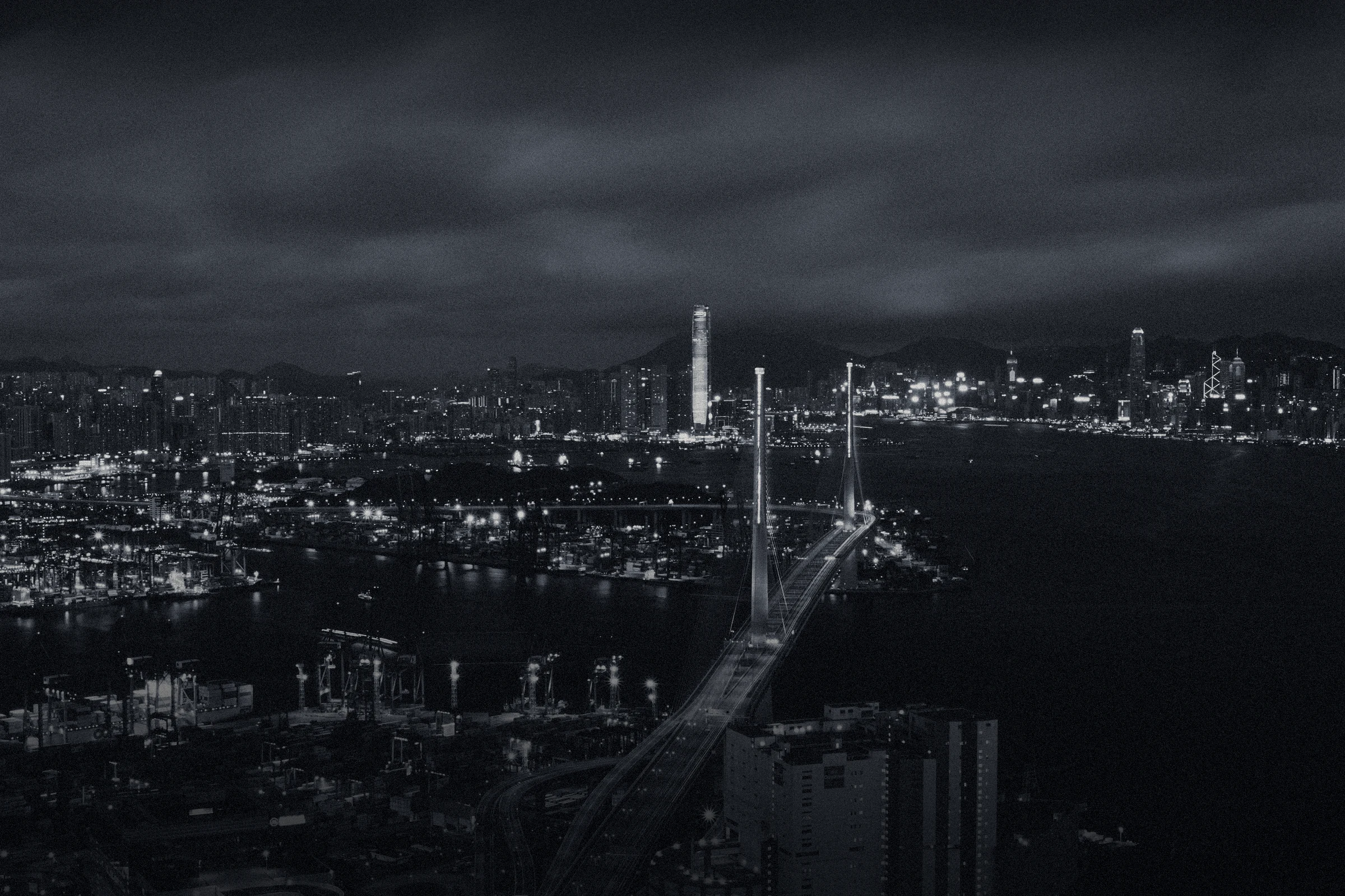 A harbour city at night