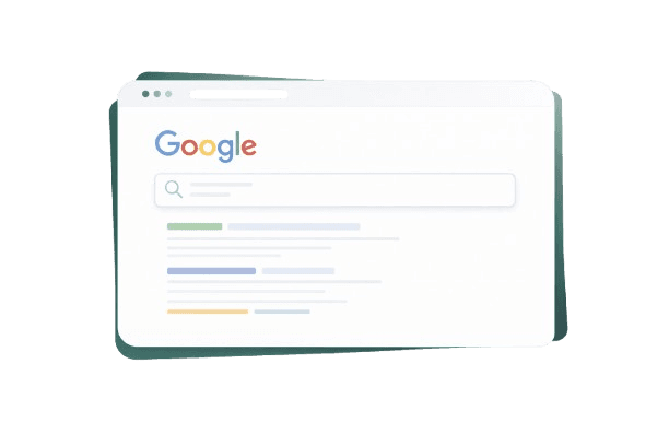 Illustration of Google search engine showing a search results dashboard with ranking growth, global reach, and SEO performance indicators inside a floating card.