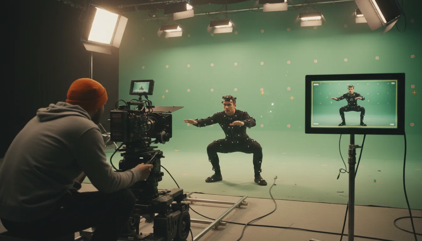 DSLR photograph from a behind-the-scenes motion capture session on a film set. A male actor wearing a full-body black motion capture suit with white reflective markers holds a low athletic squat pose in the center. The scene is set against a large, bright green screen backdrop with small tracking markers. In the left foreground, a cameraman wearing an orange beanie sits behind a large professional cinema camera mounted on a dolly on tracks. In the right foreground, a video monitor displays a live feed of the actor. The set is under professional, even studio lighting, creating a sharp focus and a cinematic feel with warm color grading.