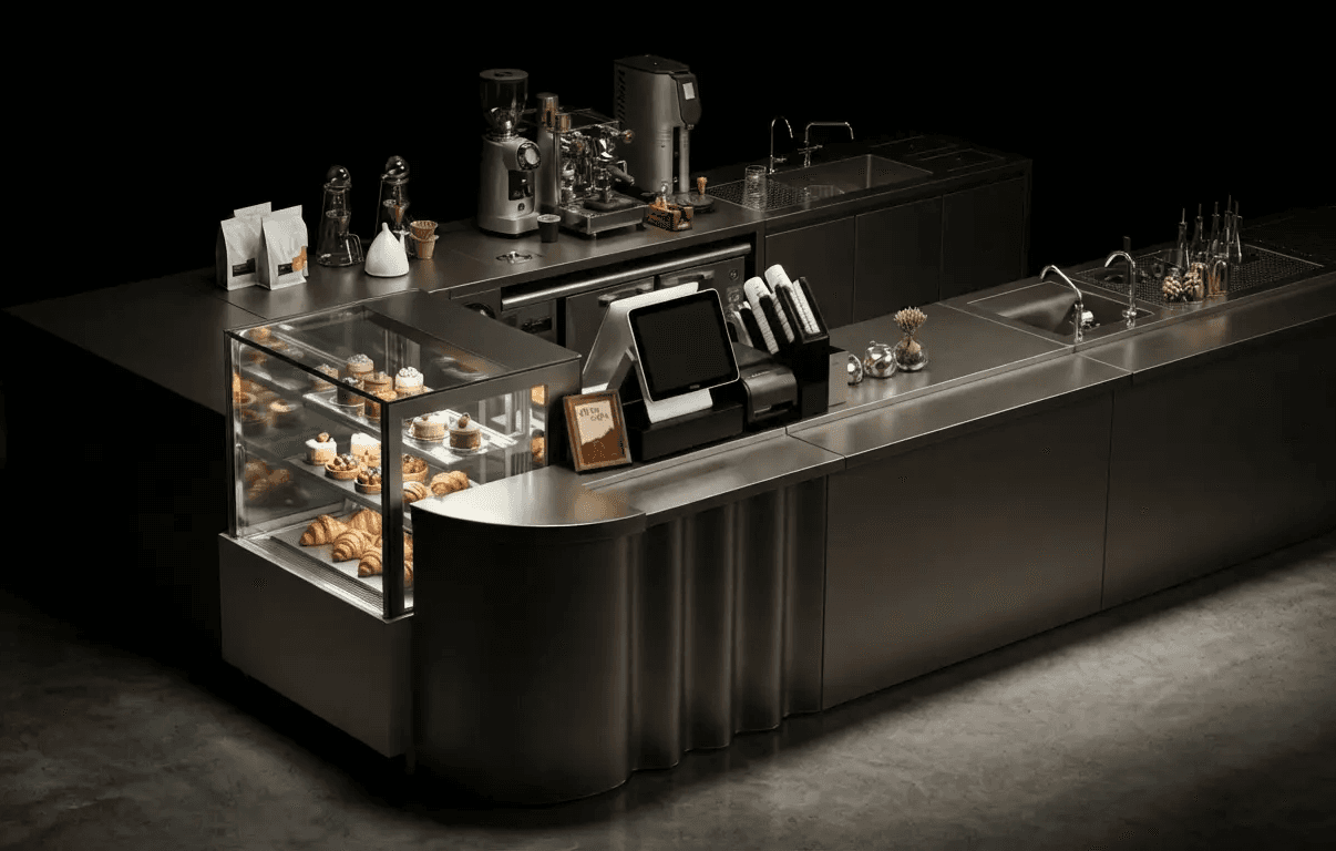 Modular stainless steel coffee station featuring flexible under-counter configurations, integrated built-in sinks, and a professional workspace layout designed for commercial cafes and specialty coffee bars.
