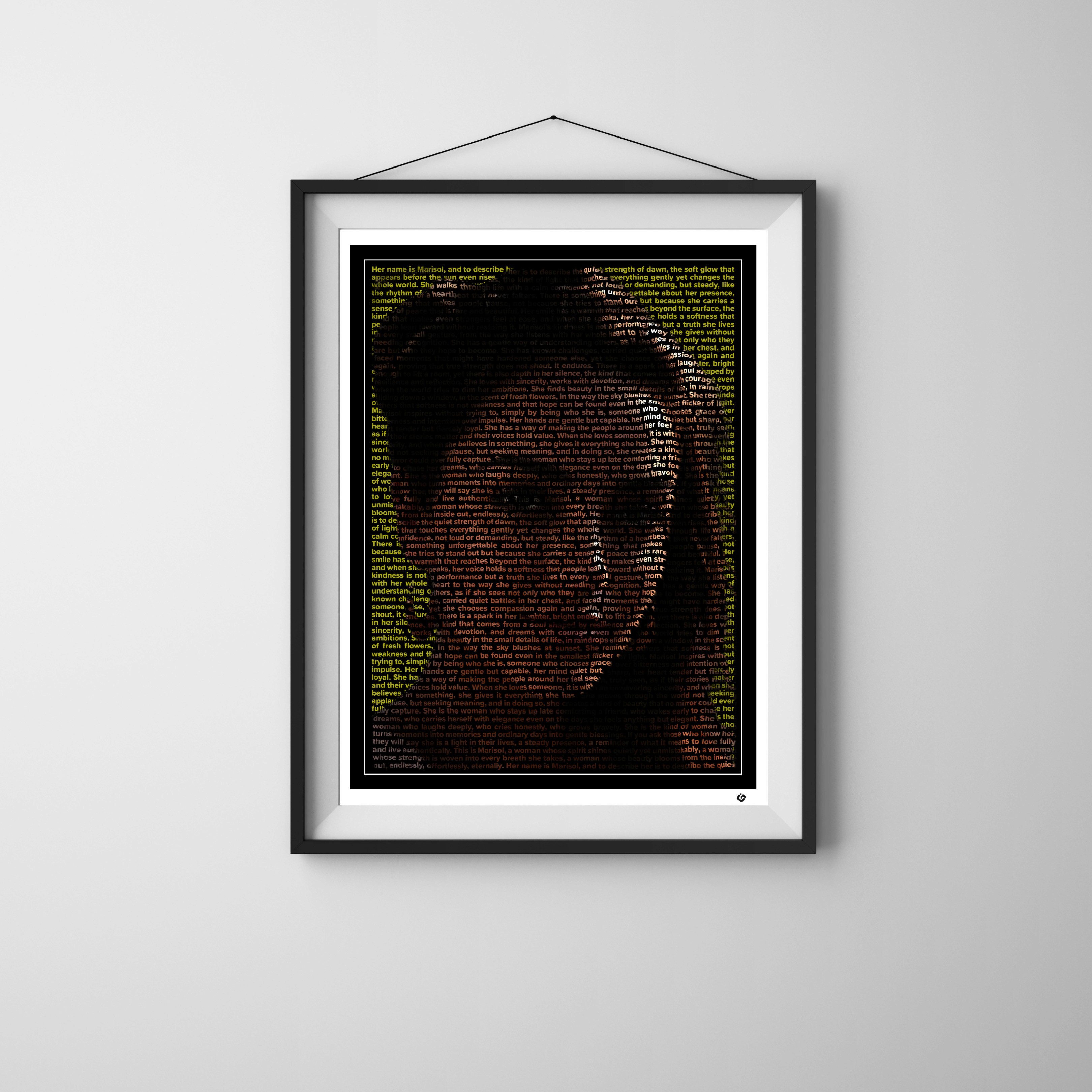 Custom text portrait of a woman smiling softly, her face and features formed entirely from meaningful words, framed with a thin white line, black border, and white mat.