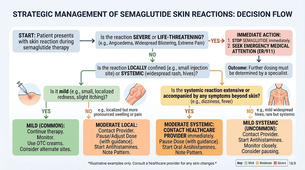 Semaglutide skin sensitivity management flowchart by reaction type
