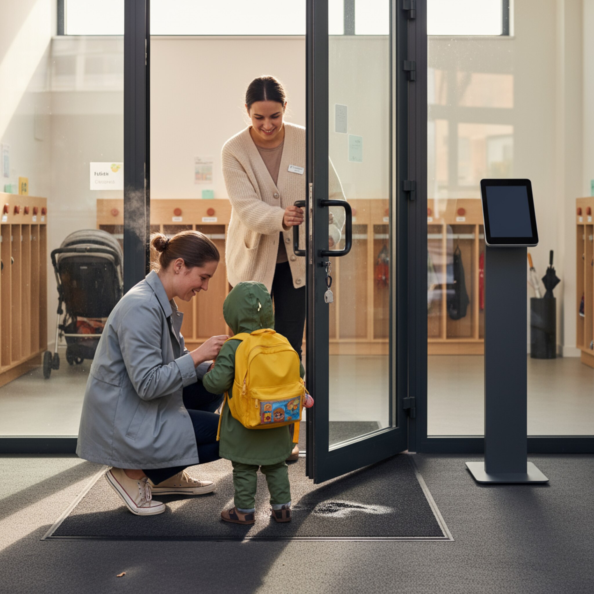 Eingangsbereich einer Kita am Morgen, ein Elternteil kniet neben Kind mit Rucksack, eine Erzieherin öffnet die Tür, dezentes Terminal im Hintergrund ohne sichtbare UI, warmes Morgenlicht