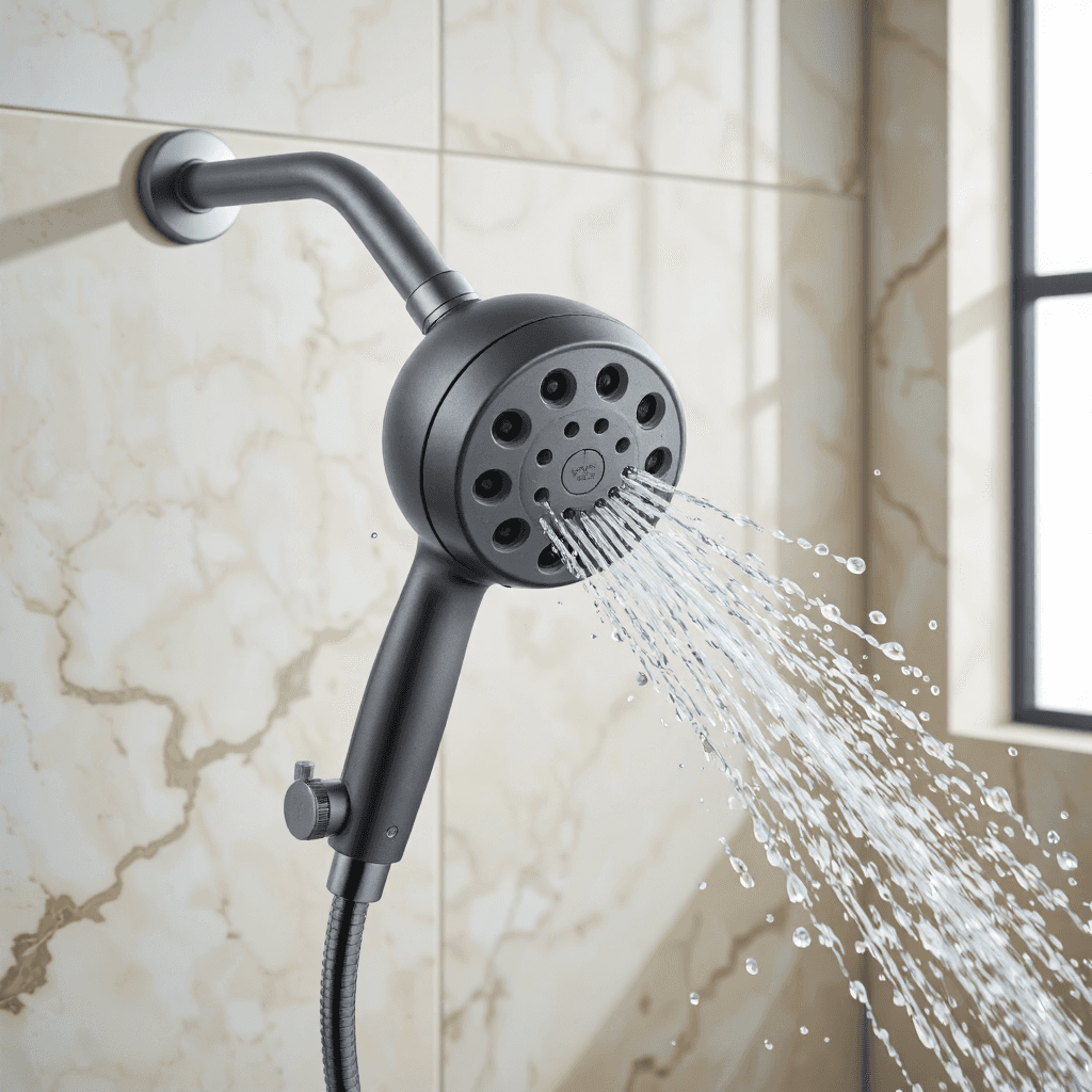 product photography of a handheld showerhead